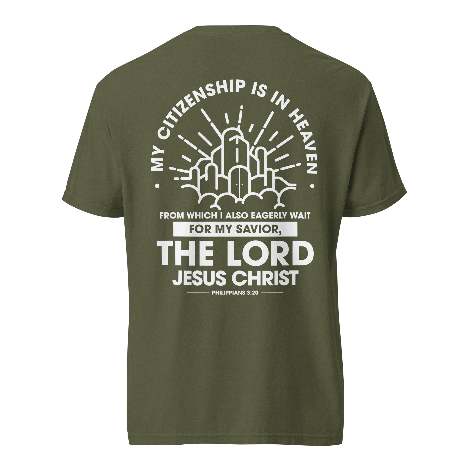 Image of Citizen of Heaven Christian graphic tee hemp back view — Entrusted to Him