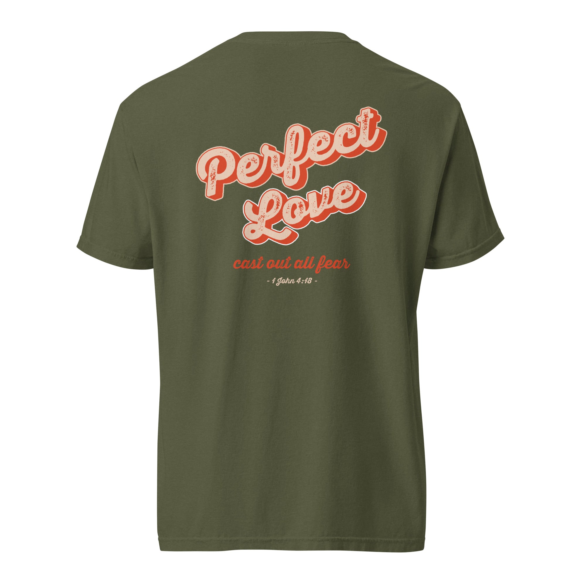Image of Perfect Love Jesus shirt hemp back flat view — Entrusted to Him