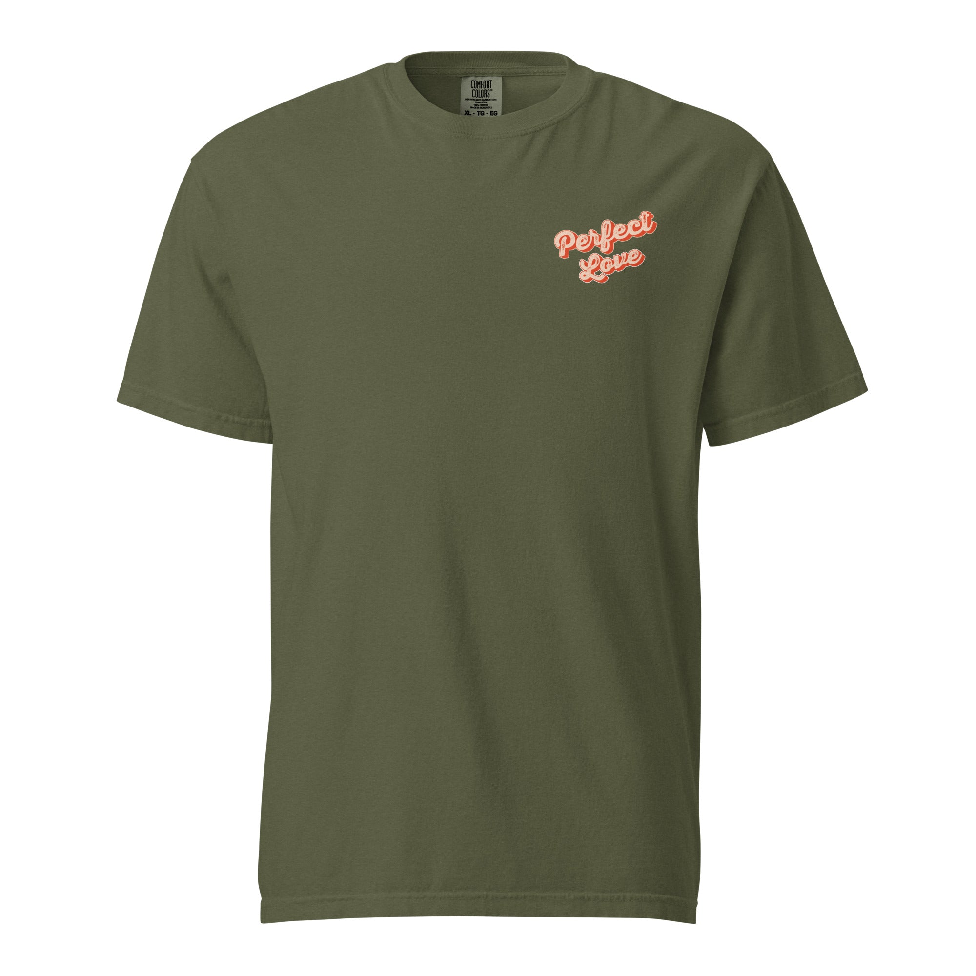 Image of Perfect Love Christian t-shirt hemp front flat view — Entrusted to Him