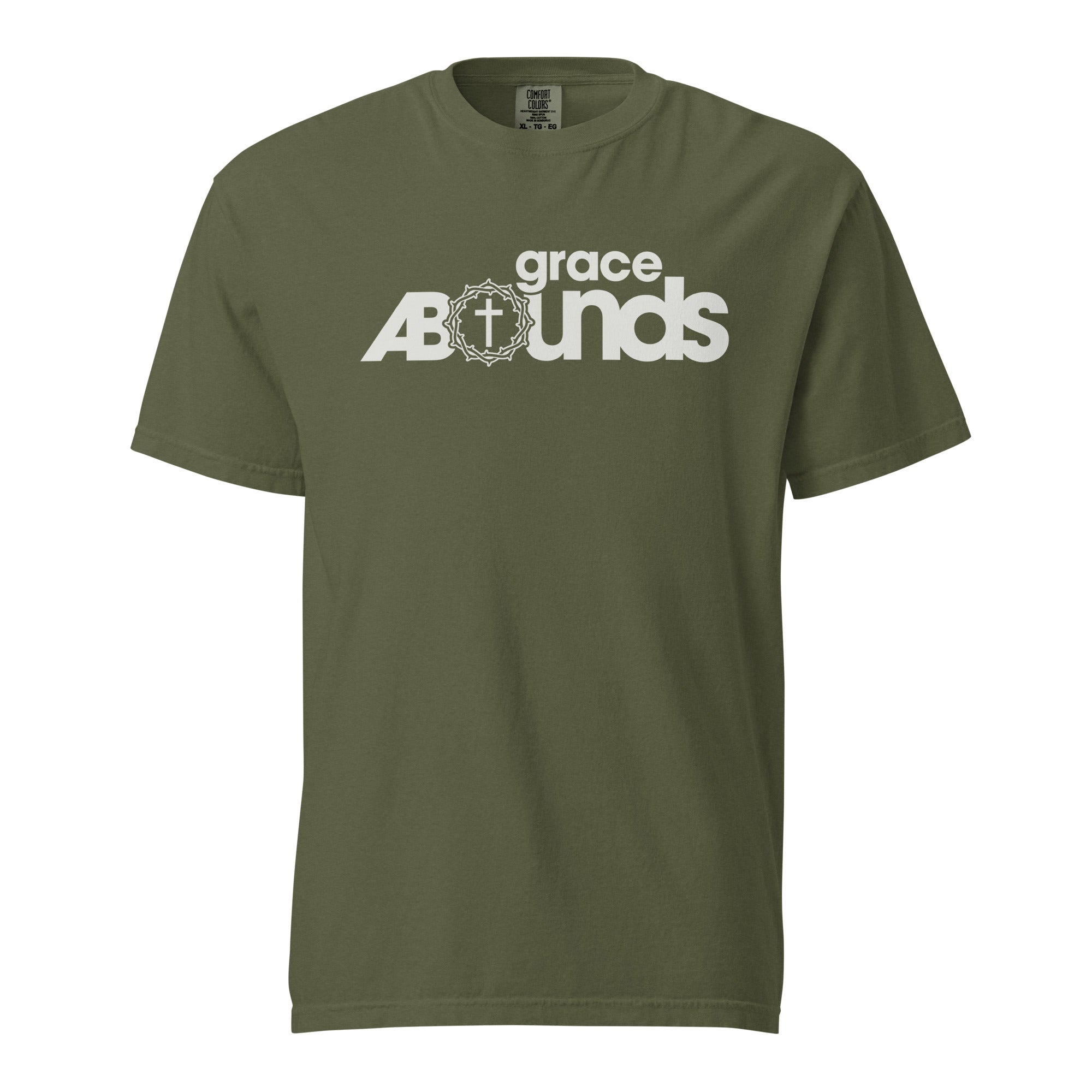 Image of Grace Abounds Christian t-shirt hemp front view — Entrusted to Him