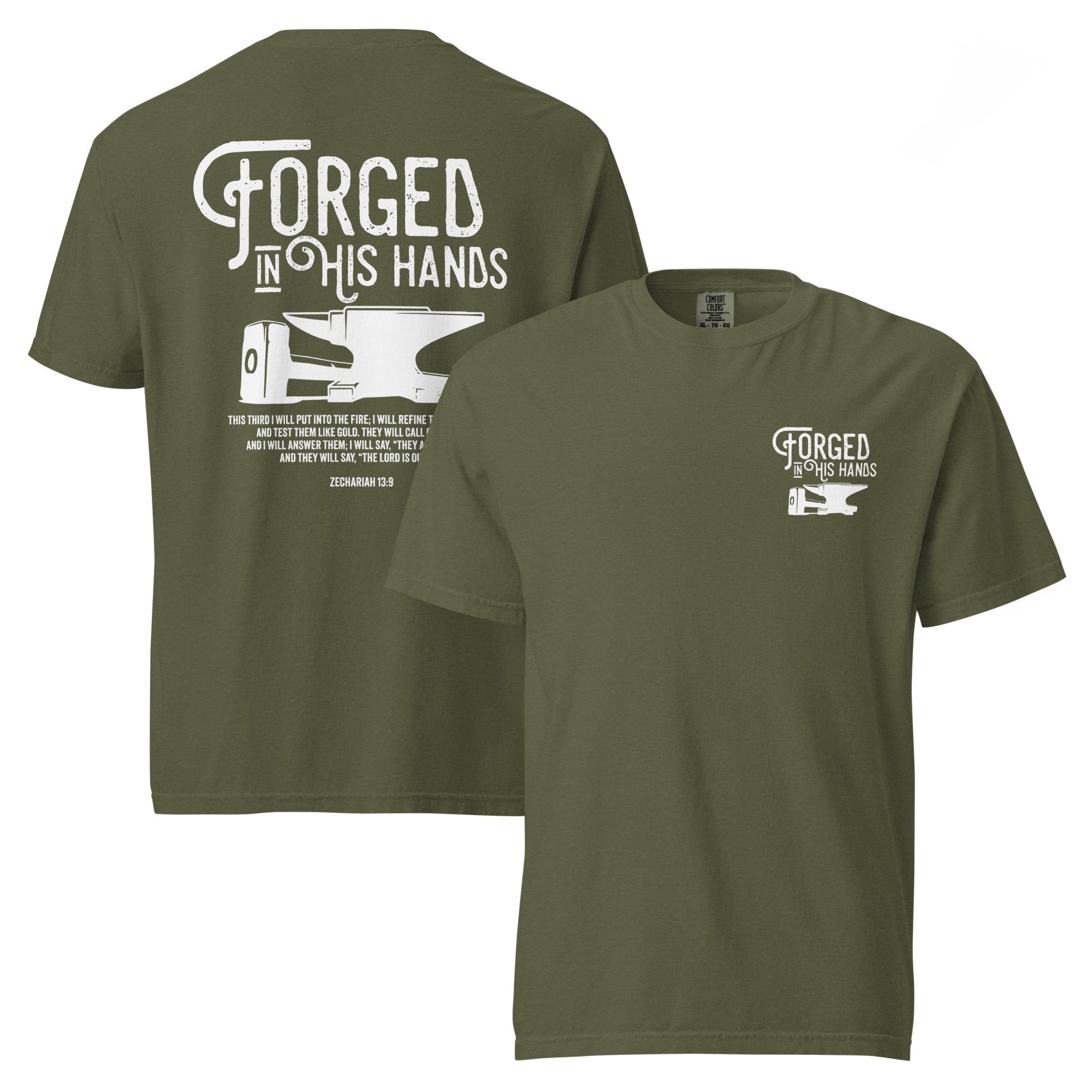 Image of Forged in His Hands scripture t-shirt hemp front and back view — Entrusted to Him
