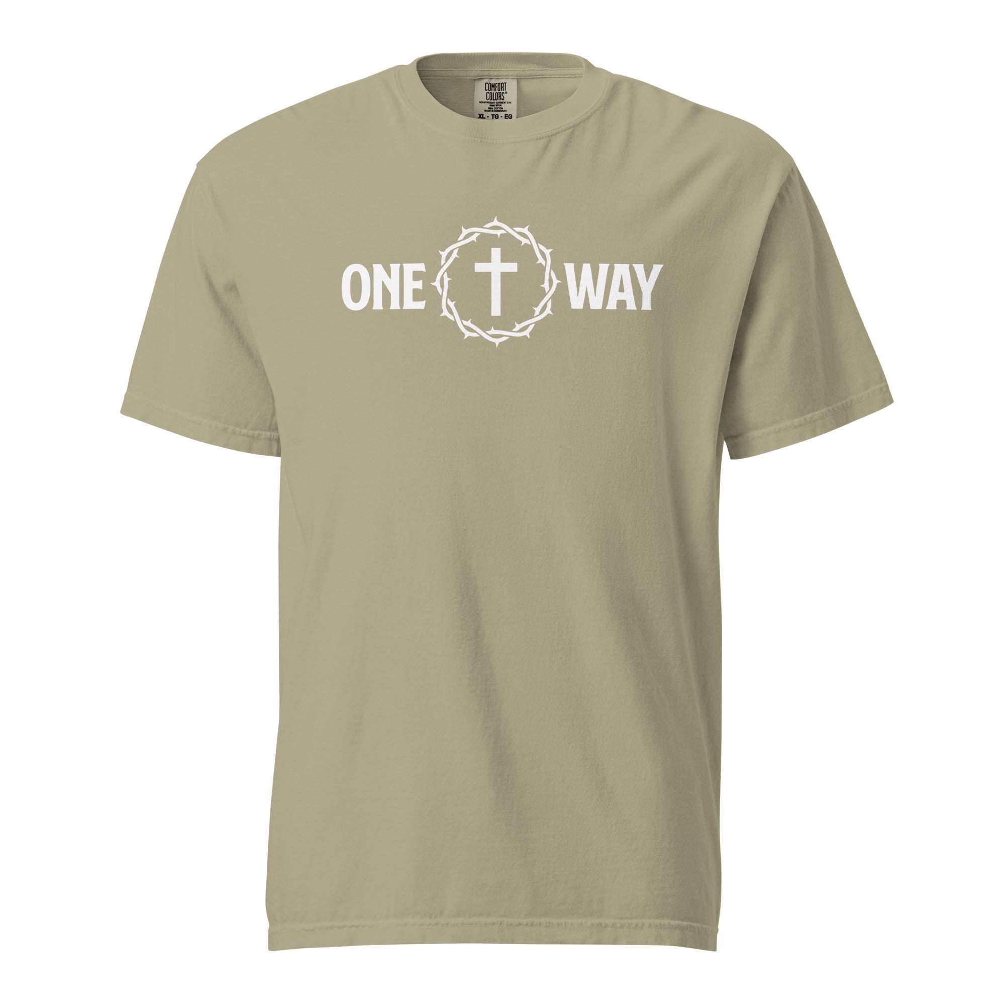 Image of One Way Christian graphic tee khaki front view — Entrusted to Him