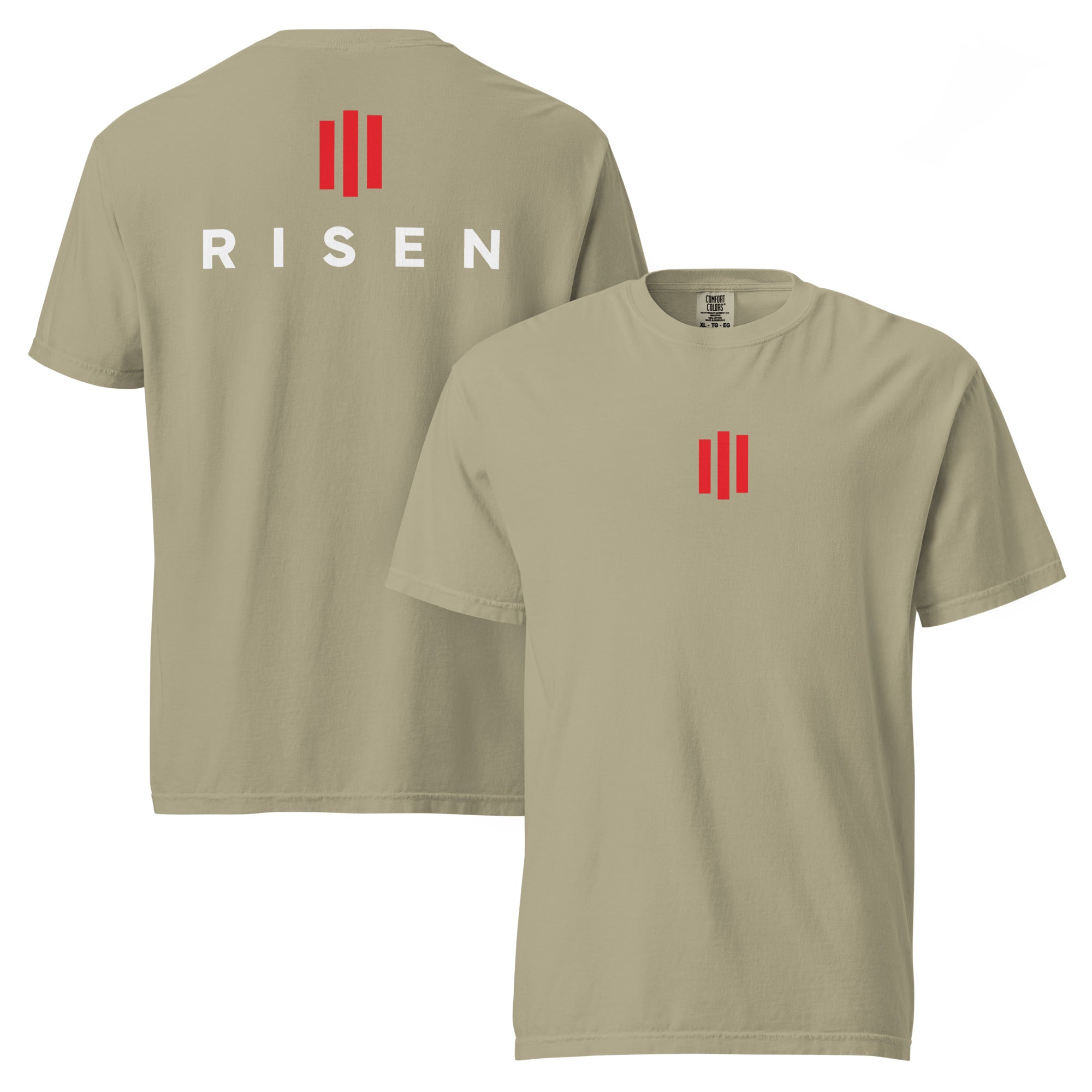 Image of Risen Christian clothing khaki front and back view — Entrusted to Him