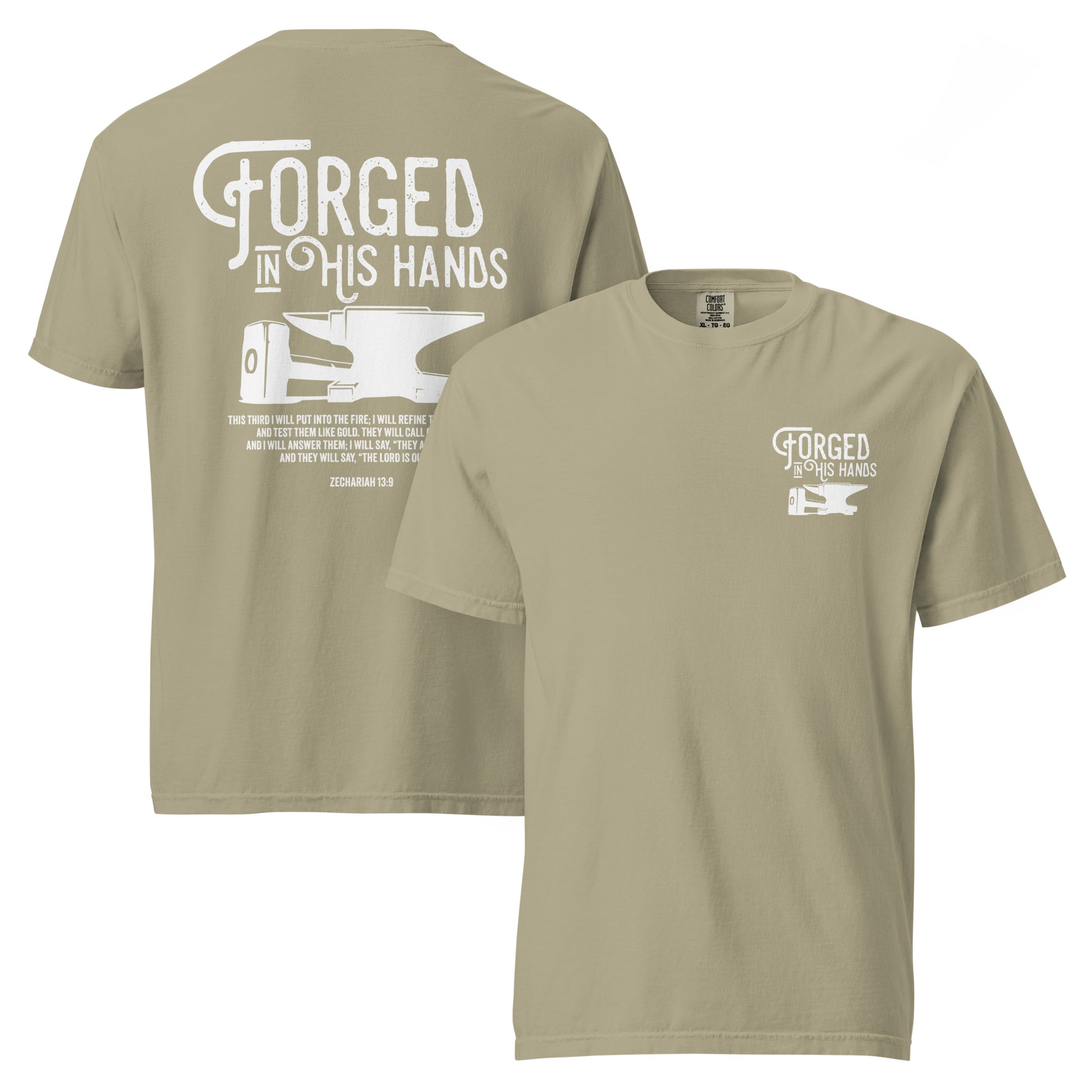 Forged in His Hands Christian t-shirt khaki front and back view — Entrusted to Him