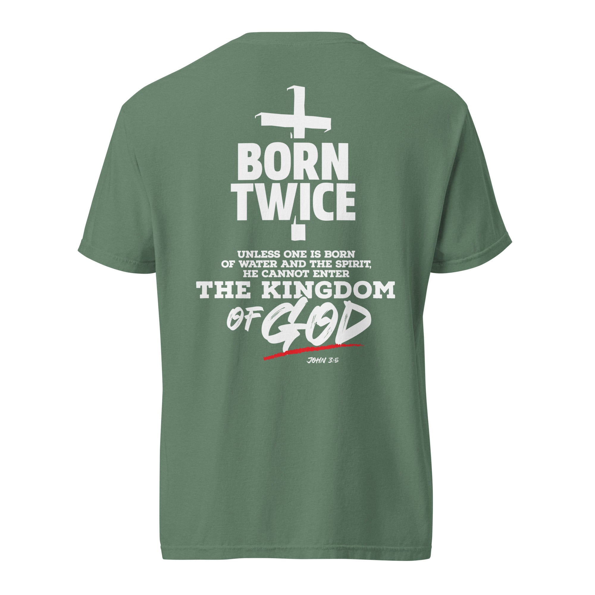 Image of Born Twice Christian t-shirt light green back view — Entrusted to Him