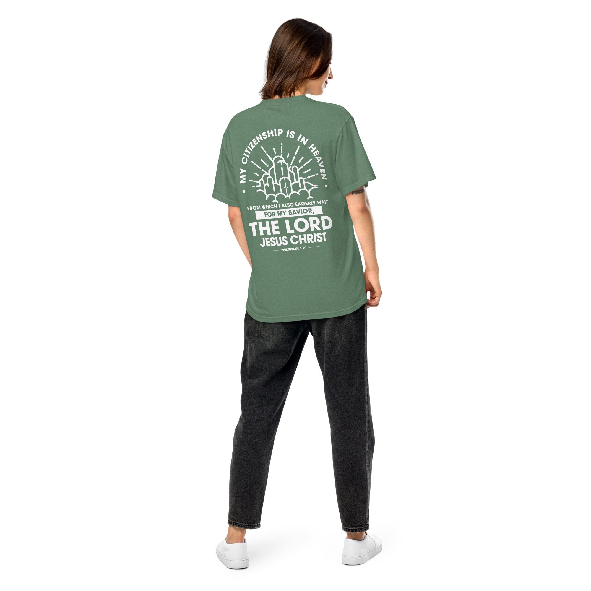 Image of Citizen of Heaven Christian graphic tee light green back alternate view — Entrusted to Him