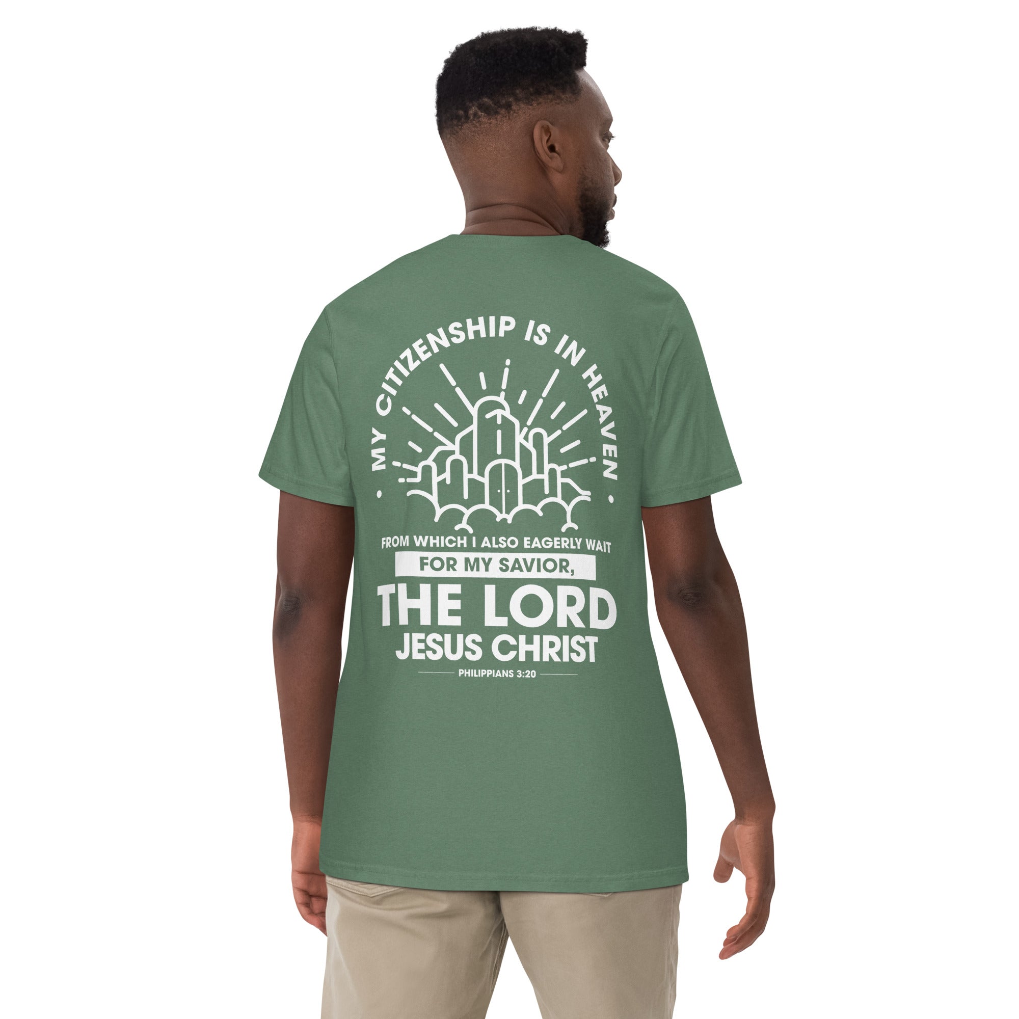 Image of Citizen of Heaven Bible verse shirt light green back detail view — Entrusted to Him