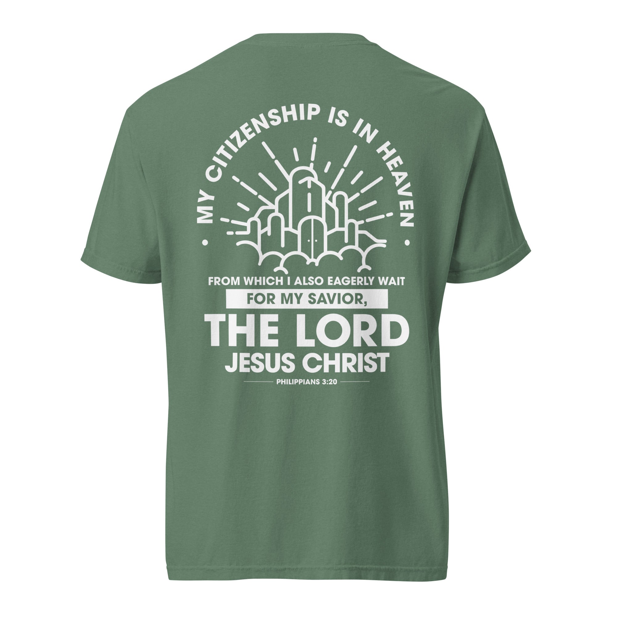 Image of Citizen of Heaven Jesus shirt light green back view — Entrusted to Him