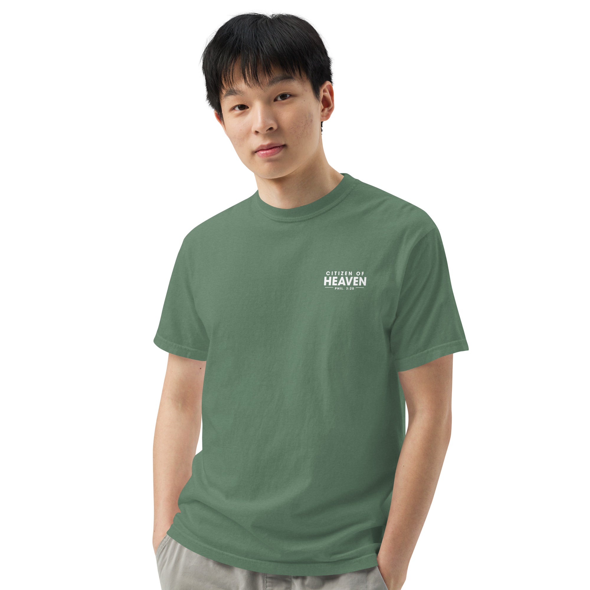 Image of Citizen of Heaven Christian t-shirt light green front lifestyle view — Entrusted to Him