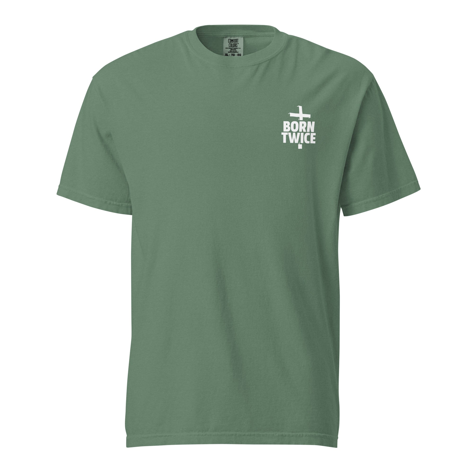 Image of Born Twice Christian t-shirt light green front view — Entrusted to Him