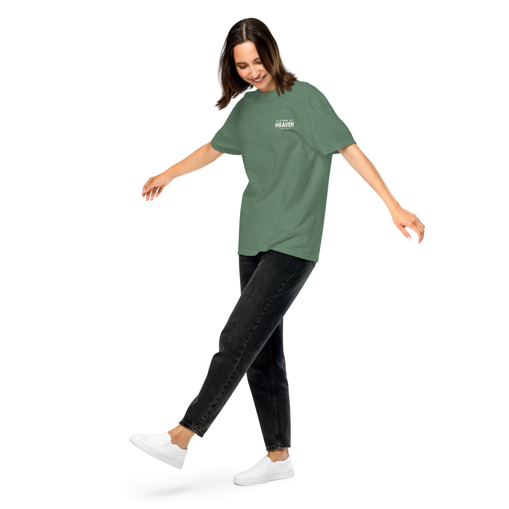 Image of Citizen of Heaven Jesus shirt light green front detail view — Entrusted to Him