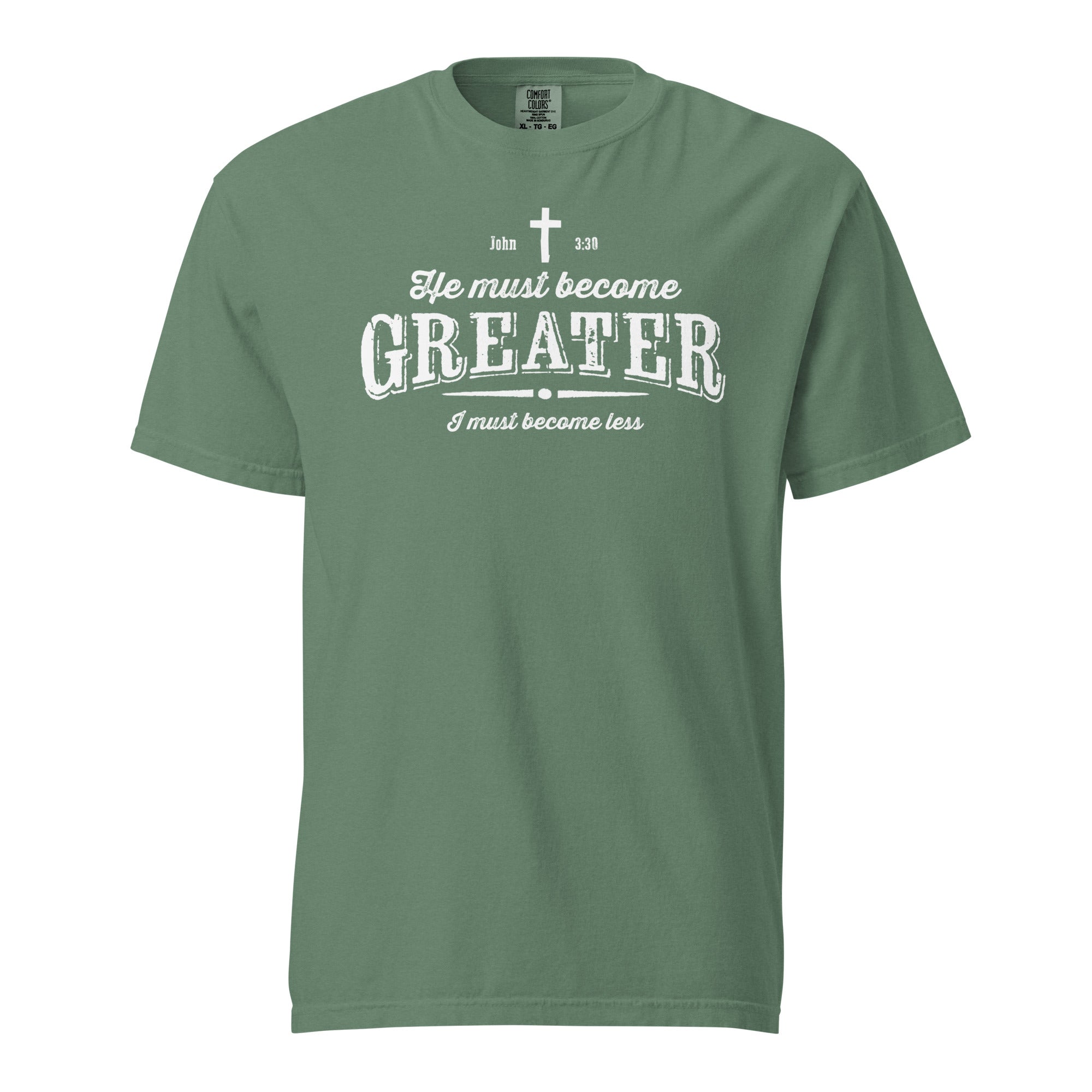 Image of He Must Become Greater Jesus shirt light green front view — Entrusted to Him