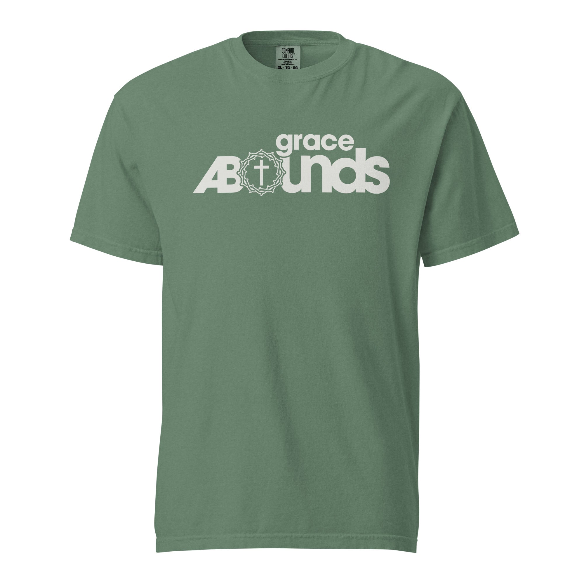 Image of Grace Abounds Bible verse shirt Christian clothing light green front view — Entrusted to Him