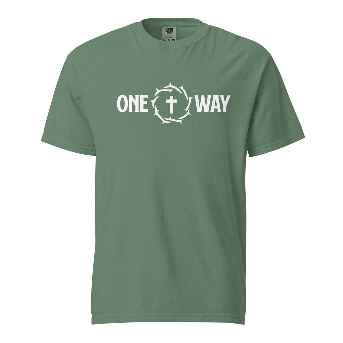One Way heavyweight t-shirt in light green with cross and crown of thorns design, front view