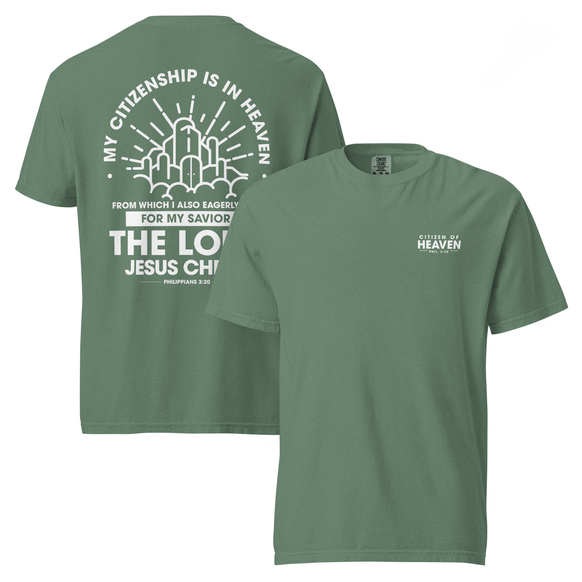 Image of Citizen of Heaven christian t-shirt light green front and back view — Entrusted to Him