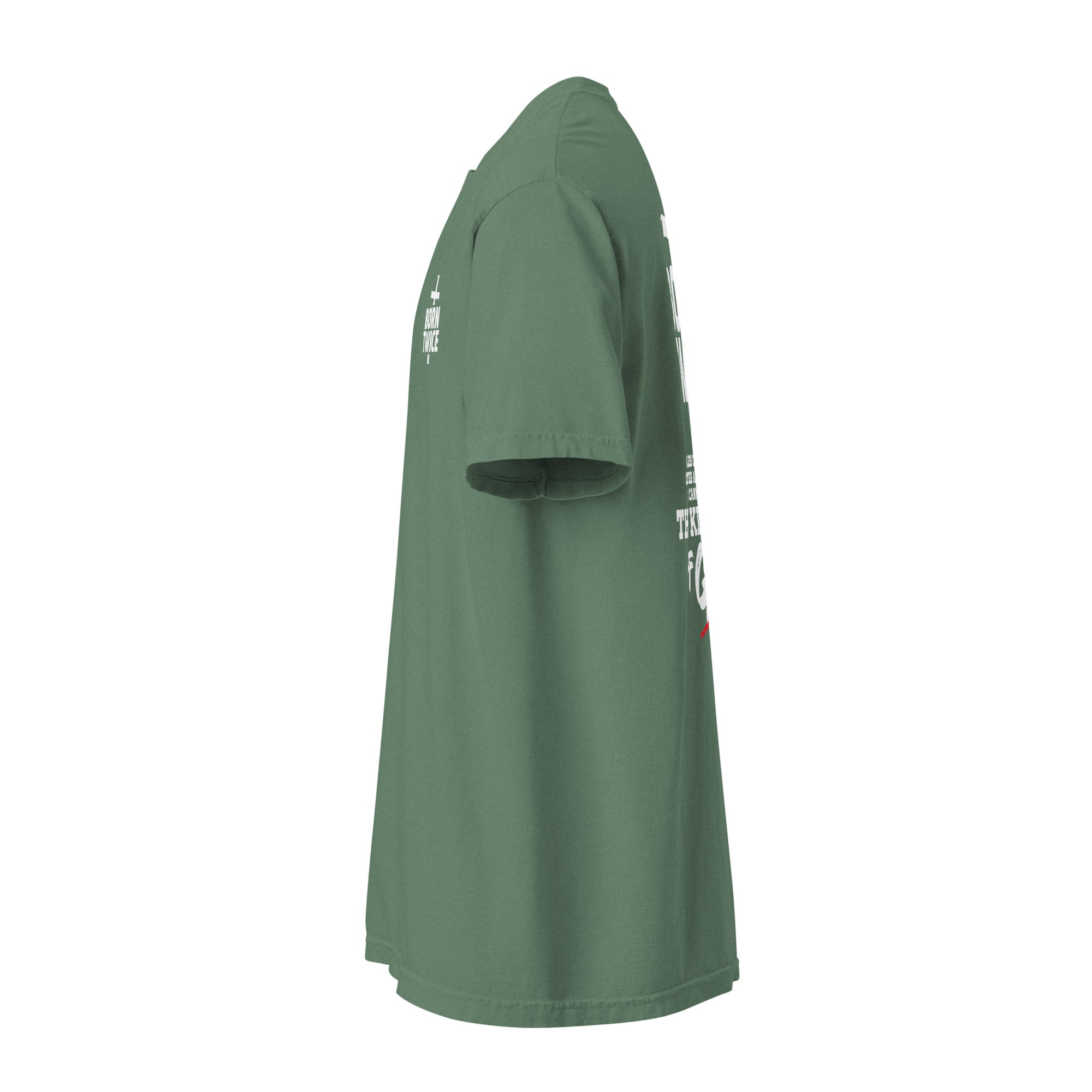 Image of Born Twice scripture t-shirt light green left side view — Entrusted to Him