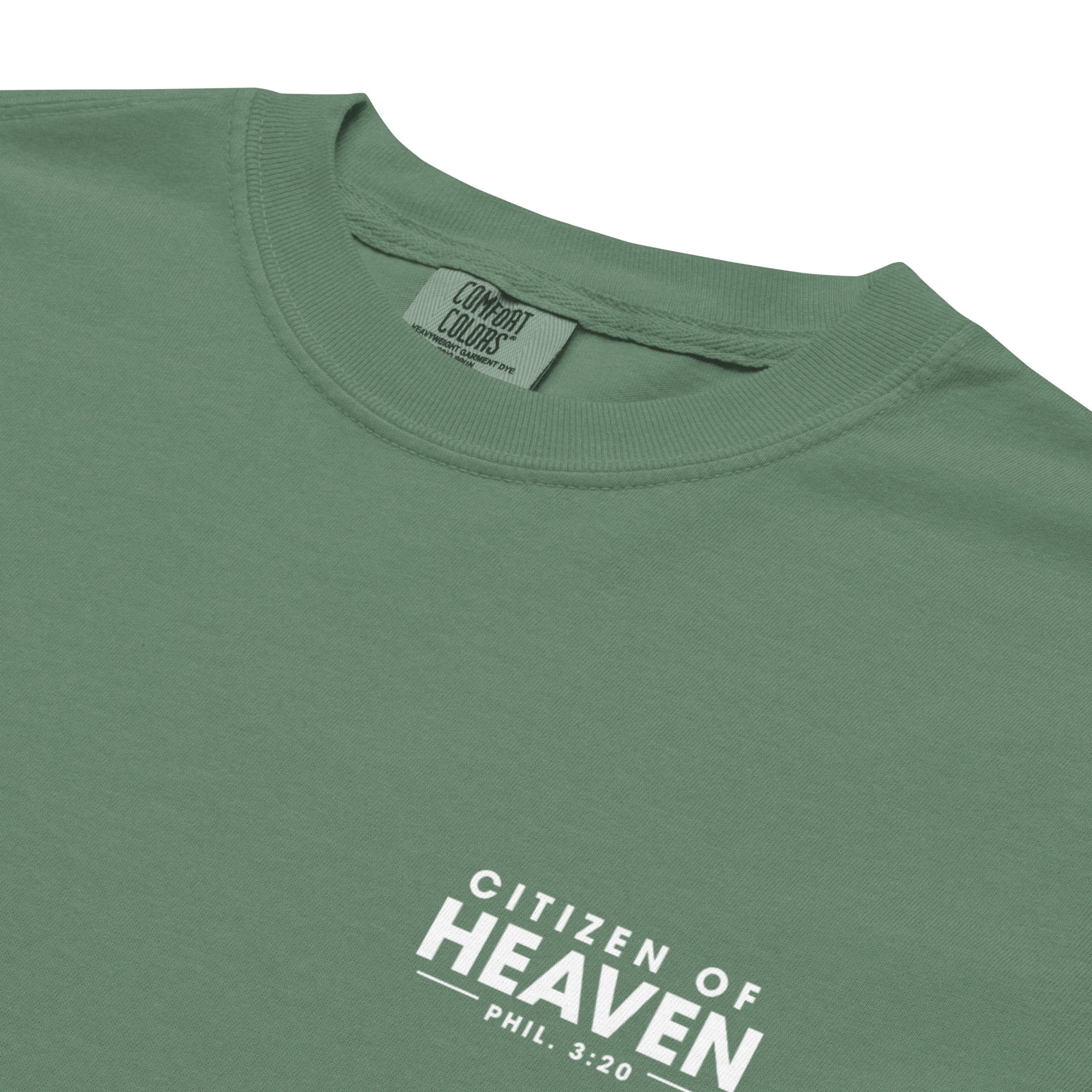 Image of Citizen of Heaven Jesus shirt light green close-up detail — Entrusted to Him