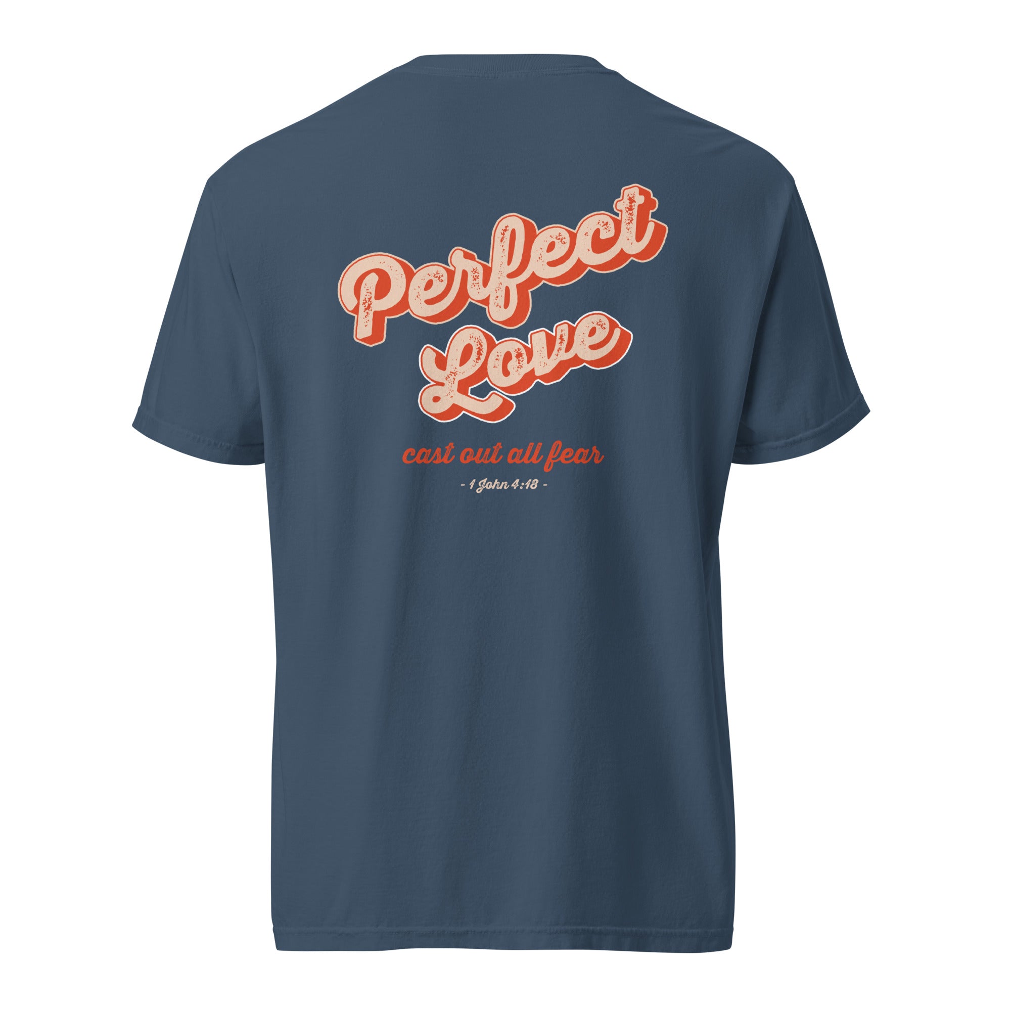 Image of Perfect Love Jesus shirt midnight front flat view — Entrusted to Him