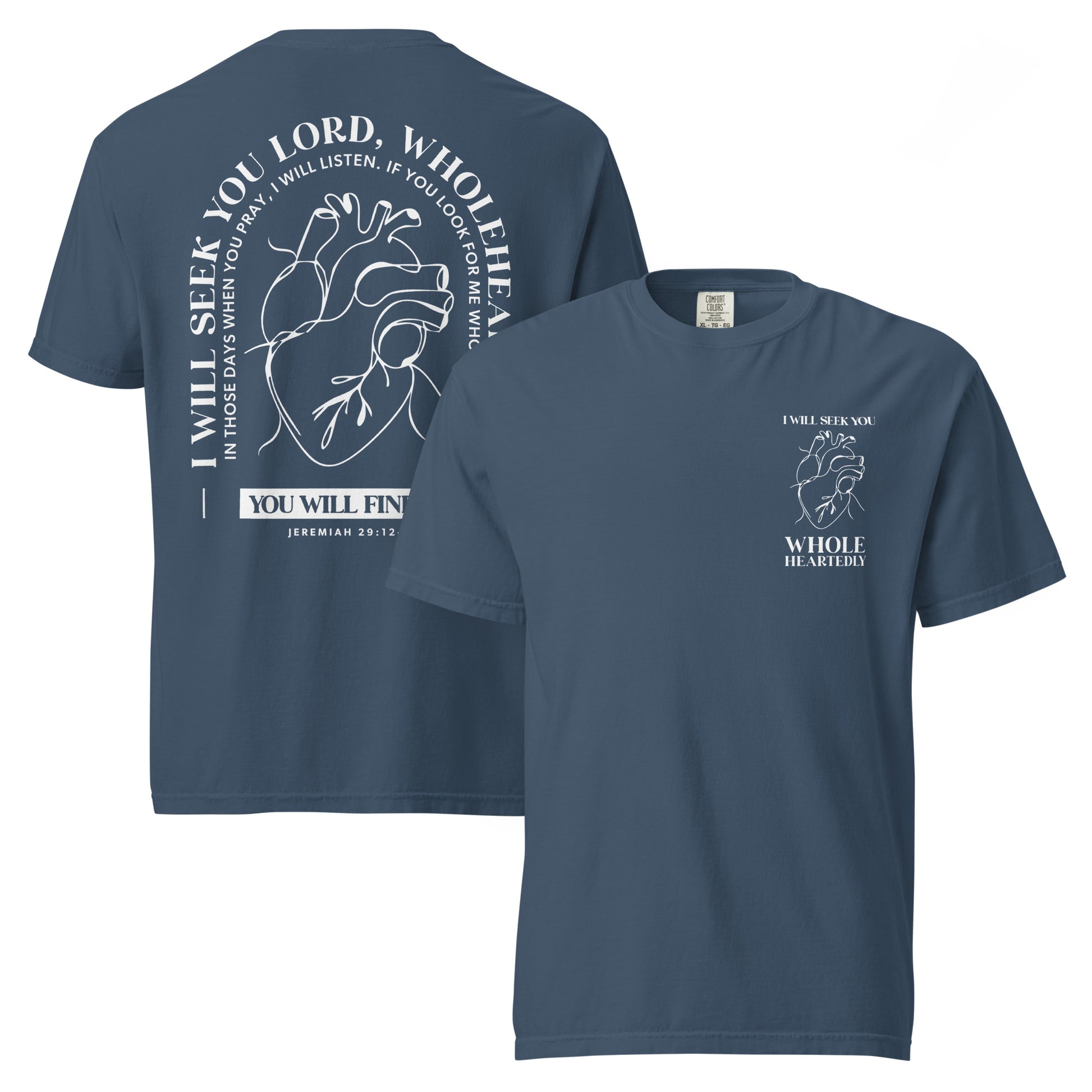 Wholeheartedly scripture t-shirt midnight front and back view — Entrusted to Him