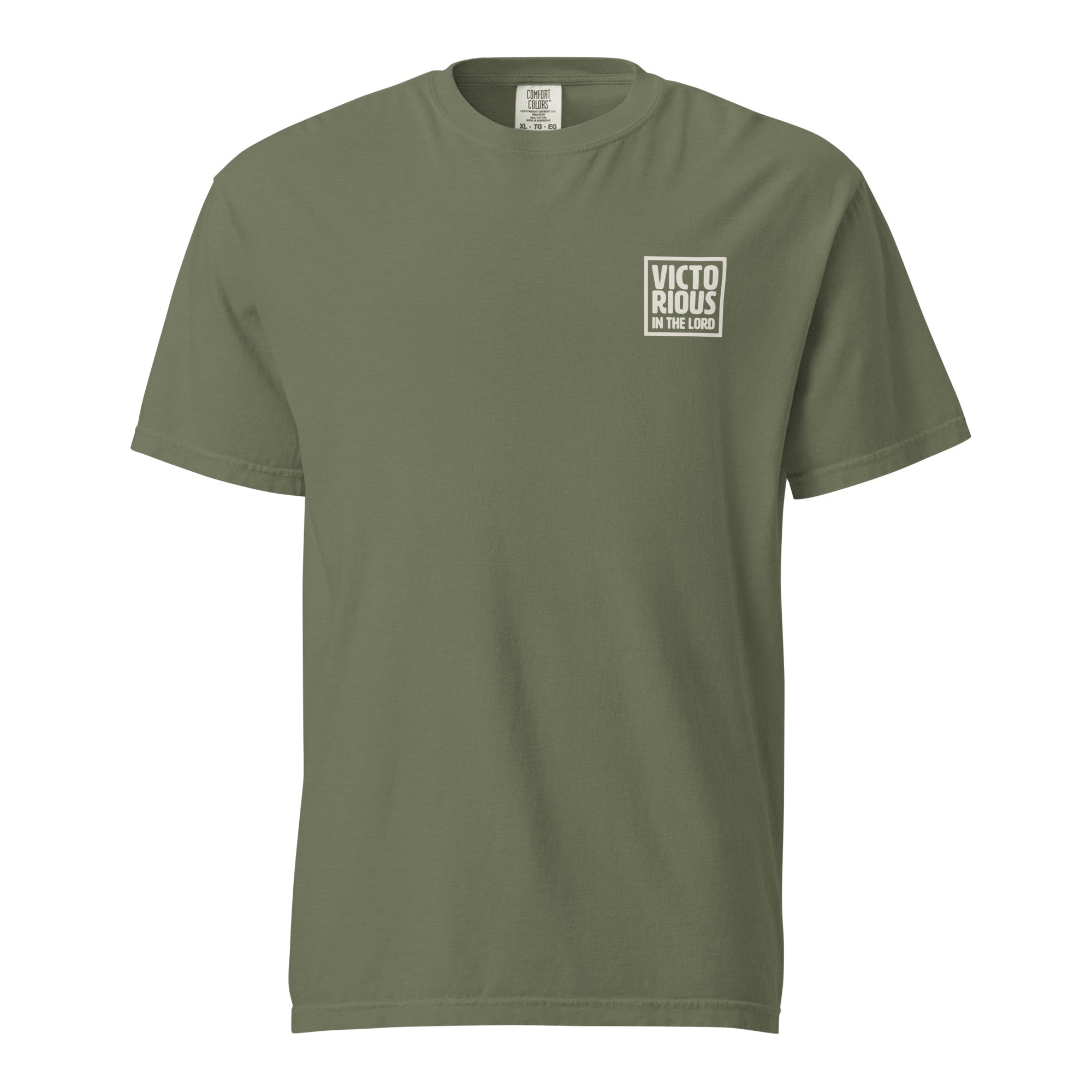 Image of Victorious christian graphic tee moss front view — Entrusted to Him