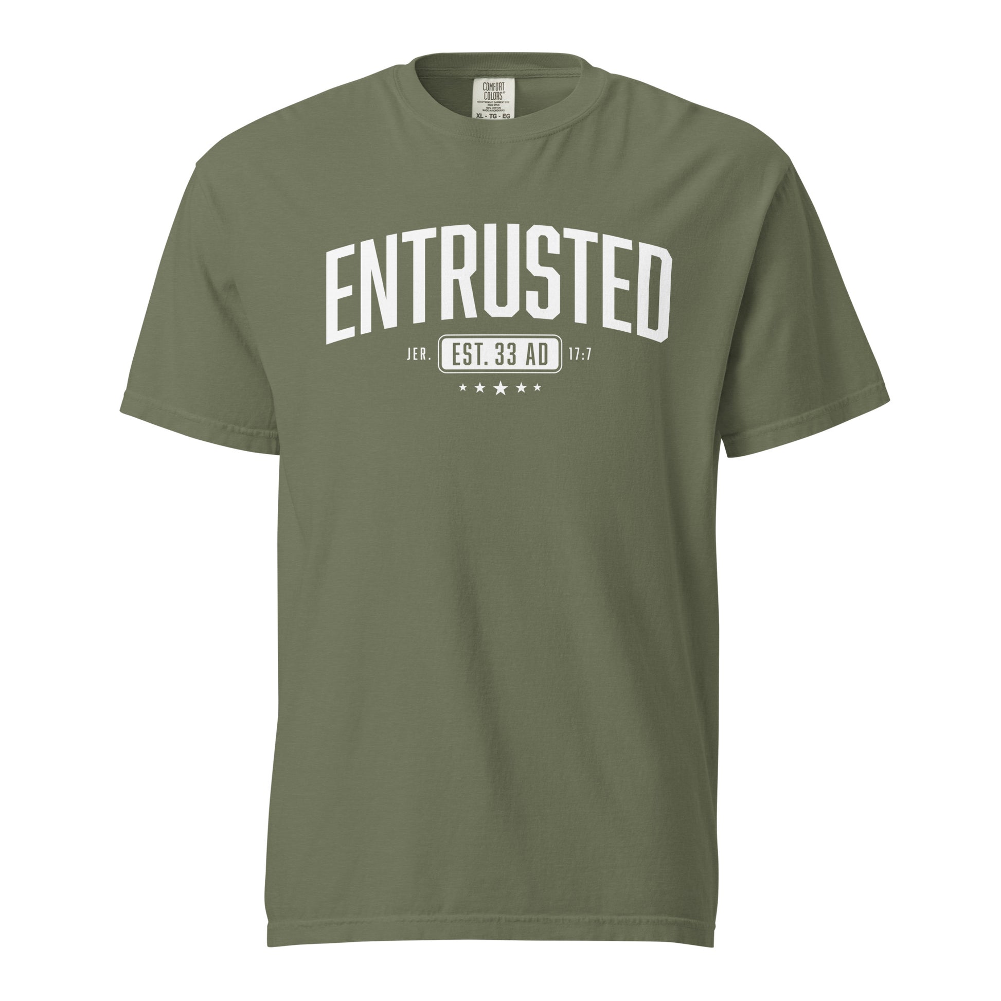 Entrusted Est. 33AD Jesus shirt moss front view — Entrusted to Him