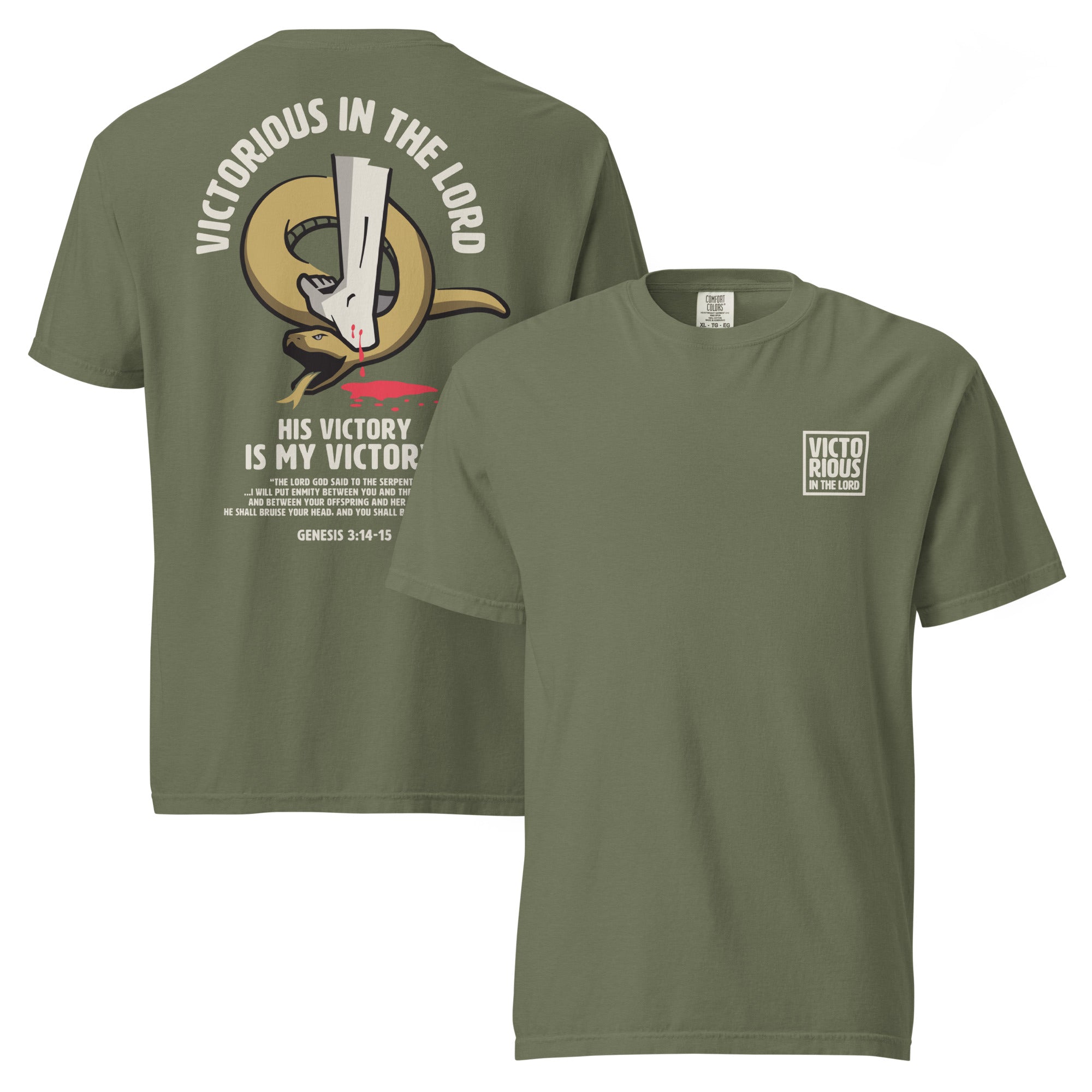Image of Victorious christian t-shirt moss front and back view — Entrusted to Him