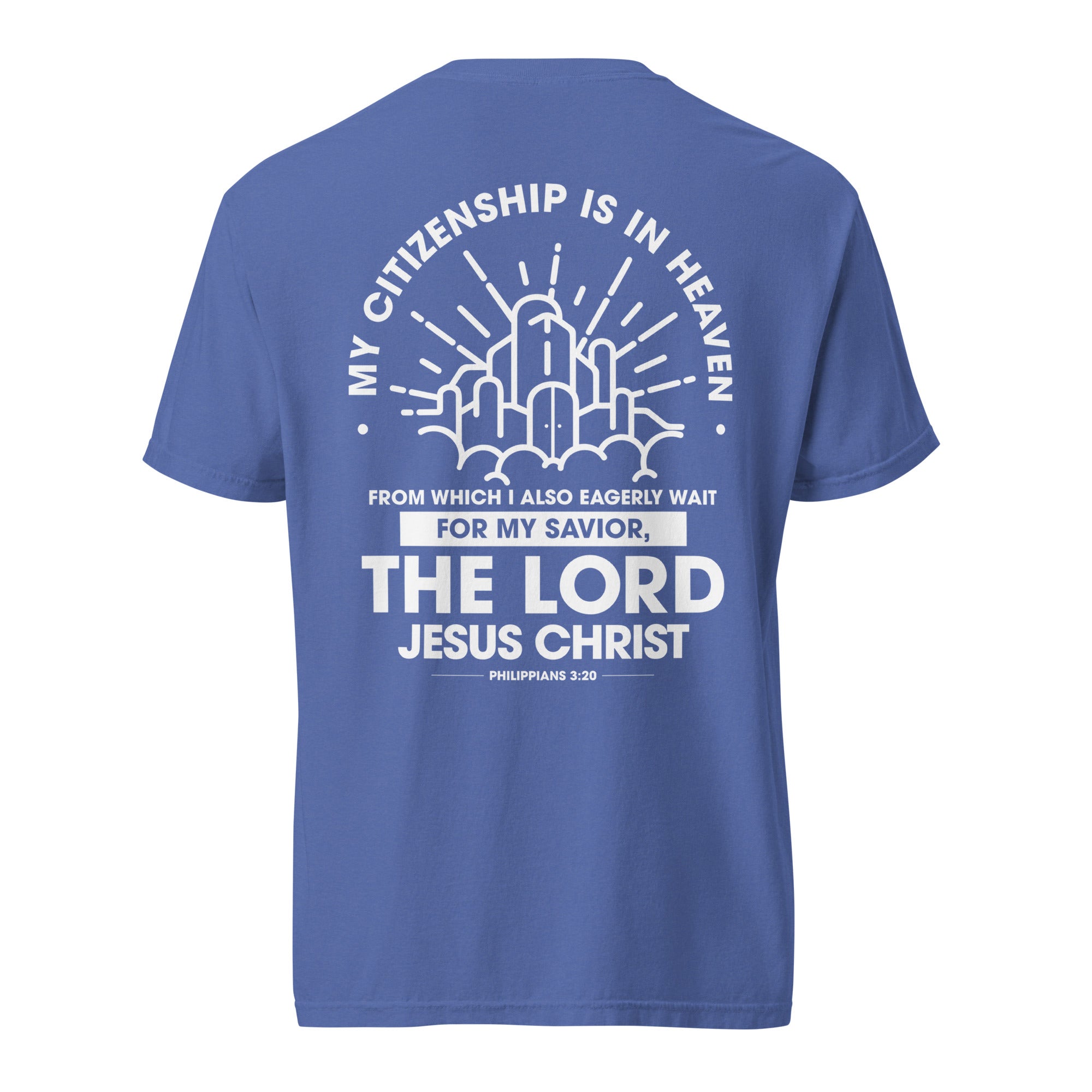 Image of Citizen of Heaven Christian t-shirt mystic blue back view — Entrusted to Him