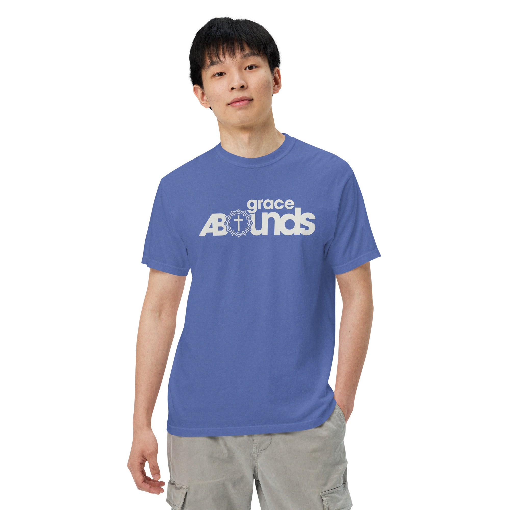 Image of Grace Abounds Christian t-shirt mystic blue front detail view — Entrusted to Him