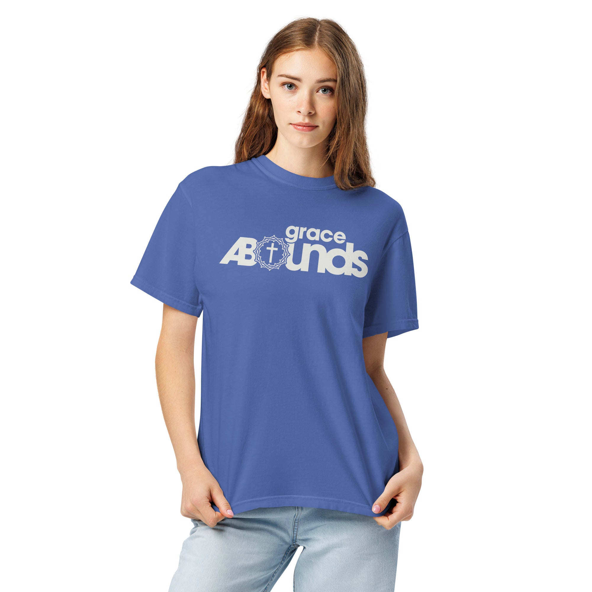 Image of Grace Abounds Jesus shirt Christian graphic tee mystic blue front alternate view — Entrusted to Him