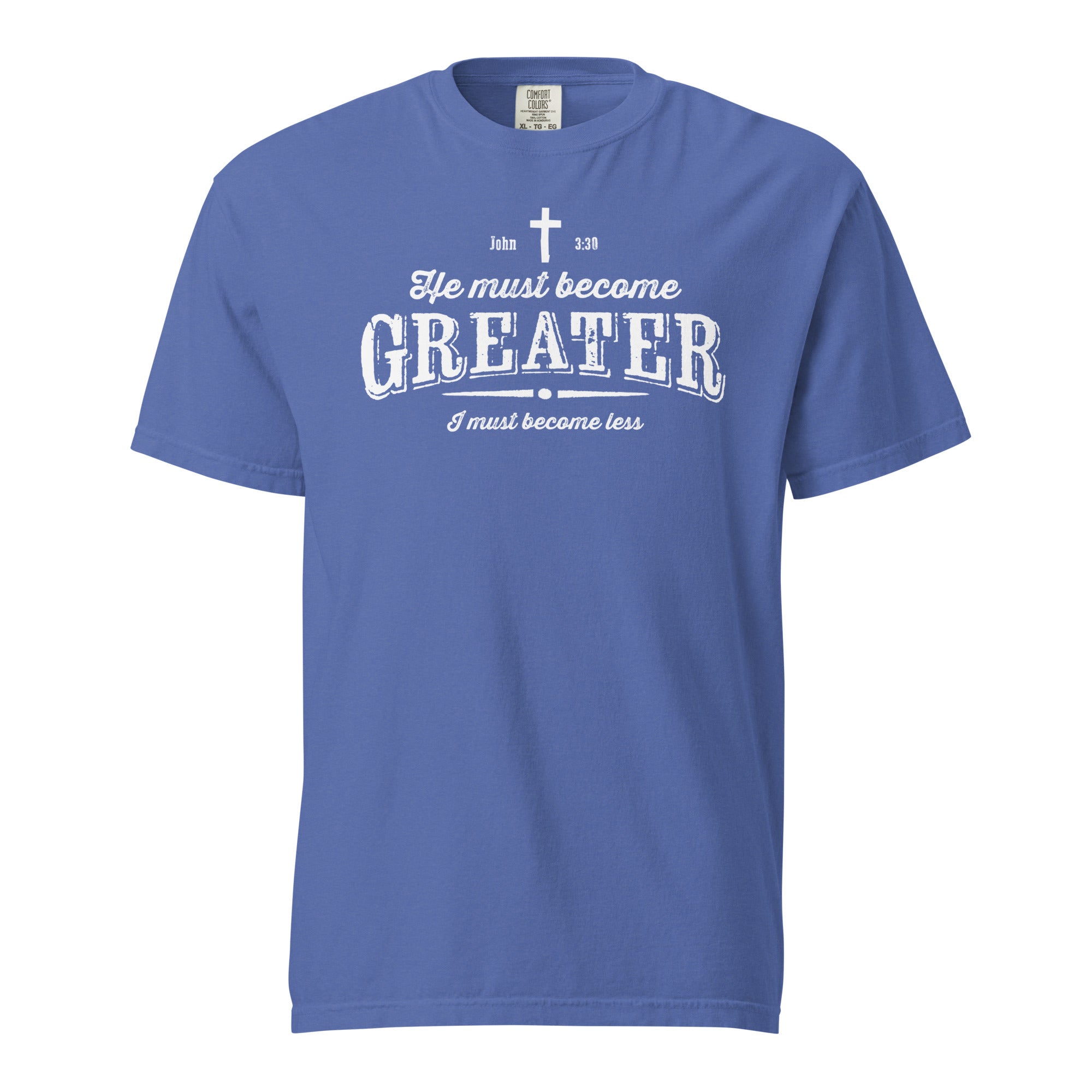 Image of He Must Become Greater Jesus shirt mystic blue front view — Entrusted to Him