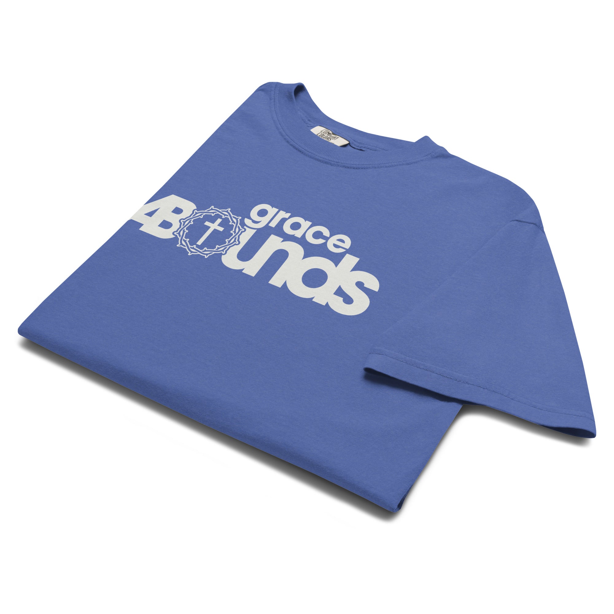 Image of Grace Abounds Bible verse shirt Christian apparel mystic blue front alternate view — Entrusted to Him