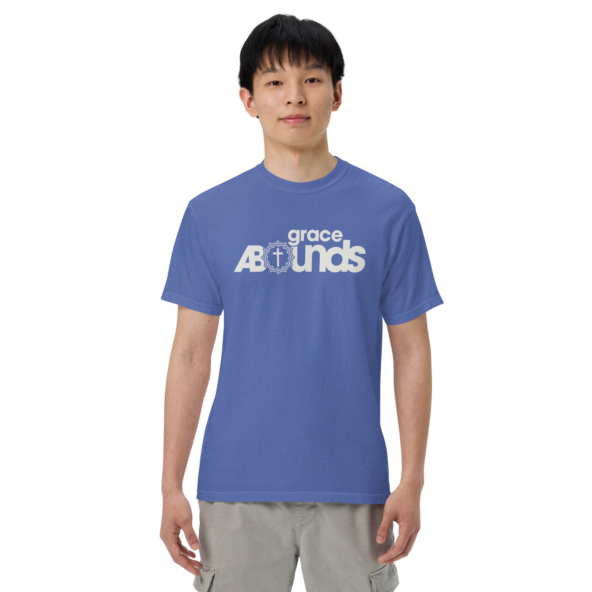 Image of Grace Abounds Bible verse shirt Christian apparel mystic blue front lifestyle view — Entrusted to Him