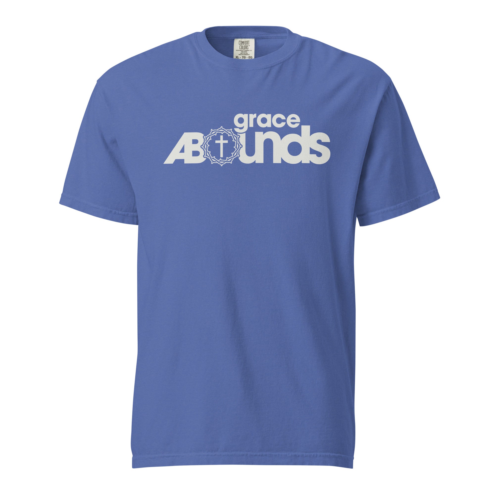 Image of Grace Abounds Jesus shirt Christian t-shirt mystic blue front view — Entrusted to Him