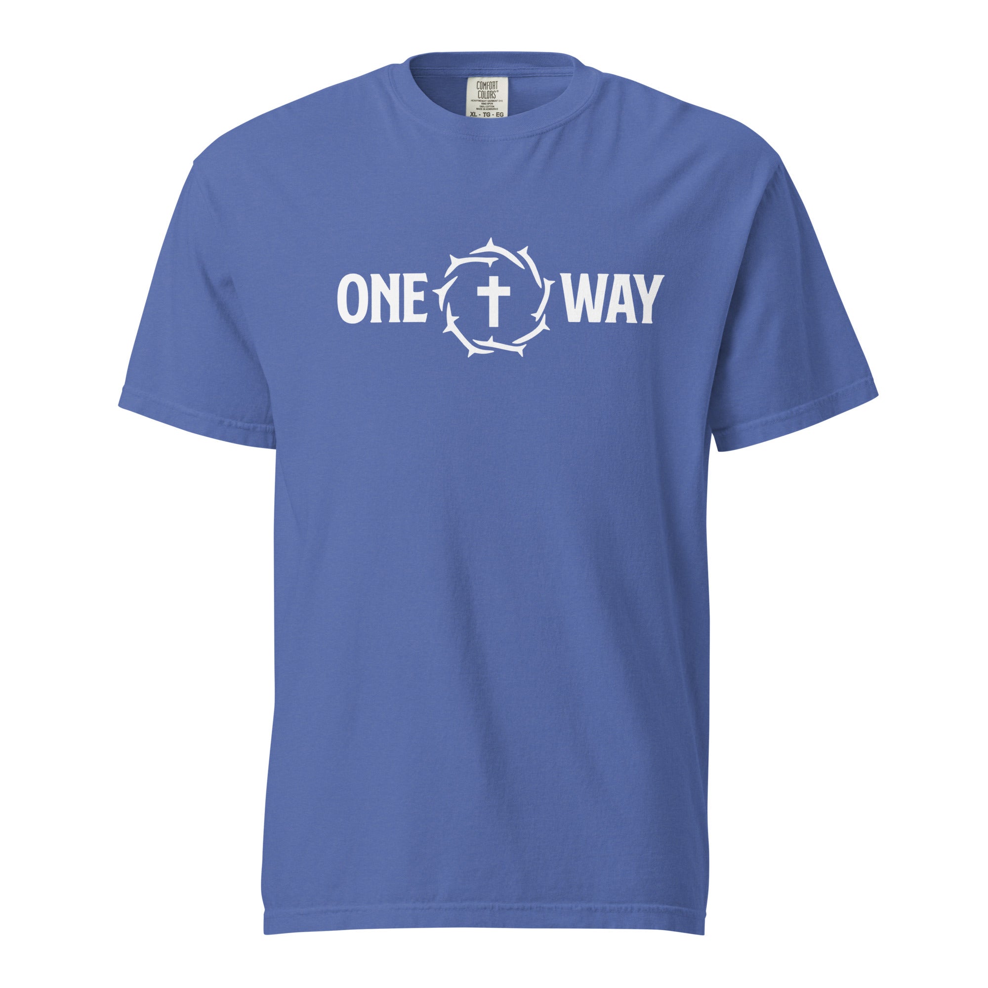Image of One Way heavyweight t-shirt in mystic blue with cross and crown of thorns design, front view