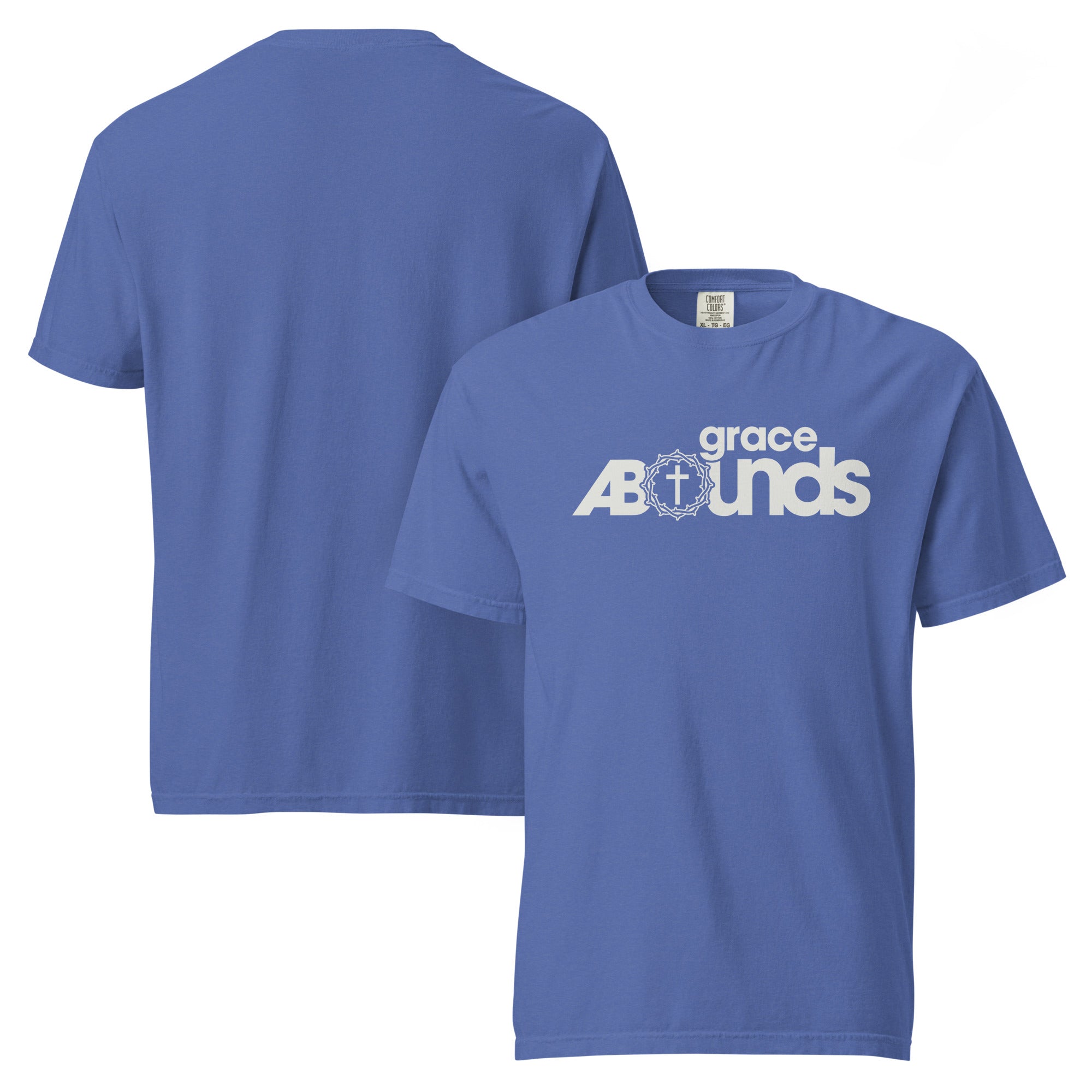 Image of Grace Abounds Jesus t-shirt mystic blue front and back view — Entrusted to Him