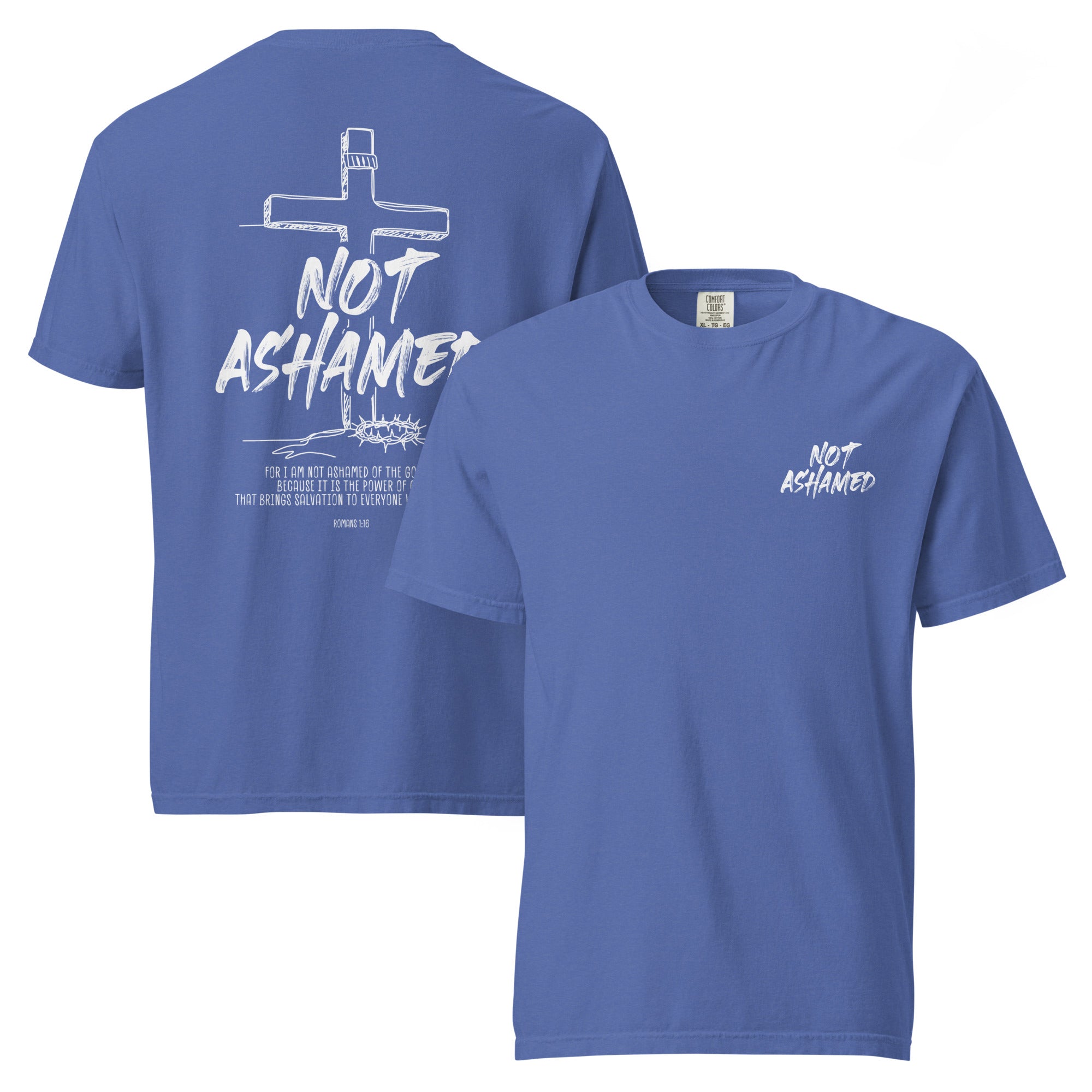 Image of Not Ashamed Christian graphic tee mystic blue front and back view — Entrusted to Him