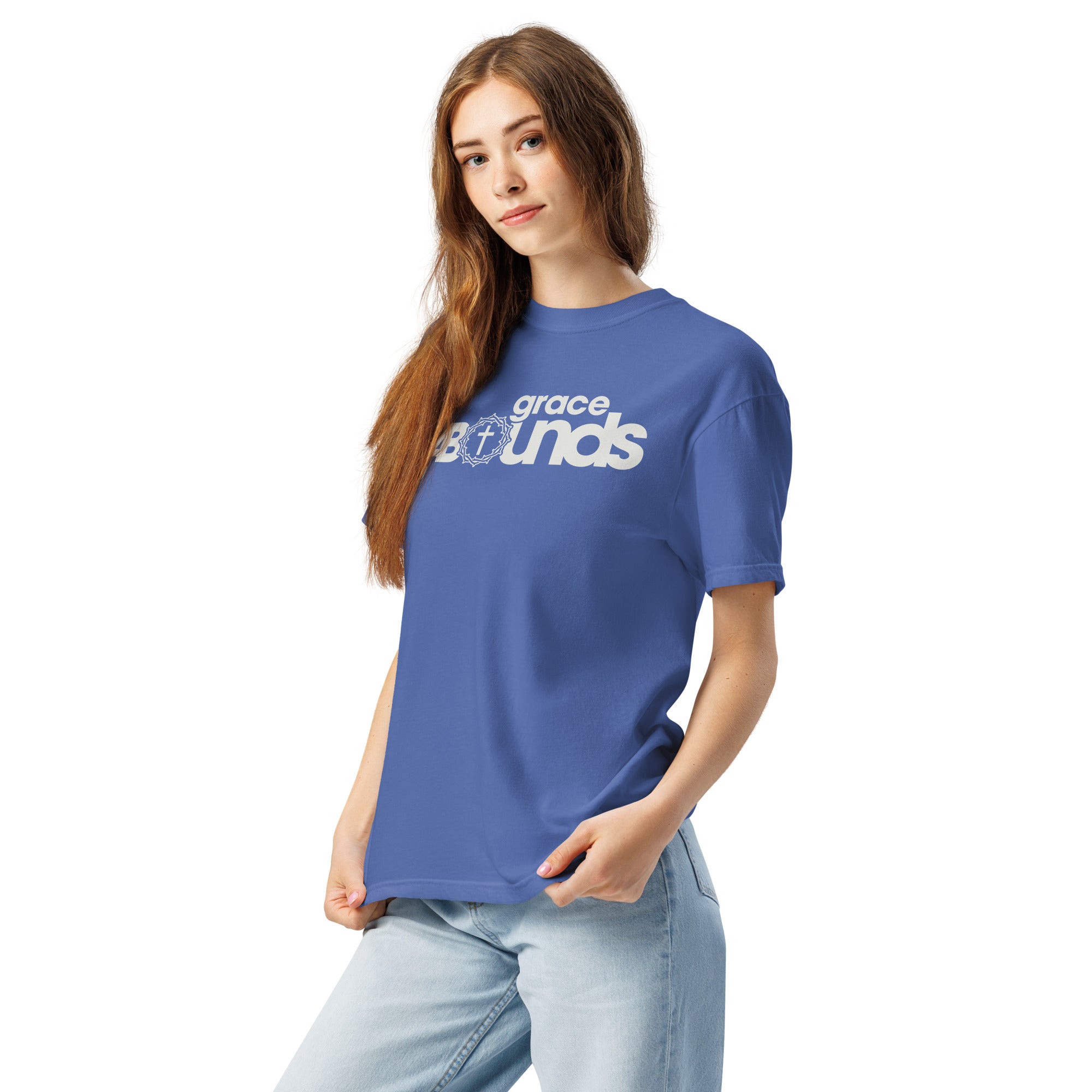 Image of Grace Abounds Christian t-shirt mystic blue left front view — Entrusted to Him