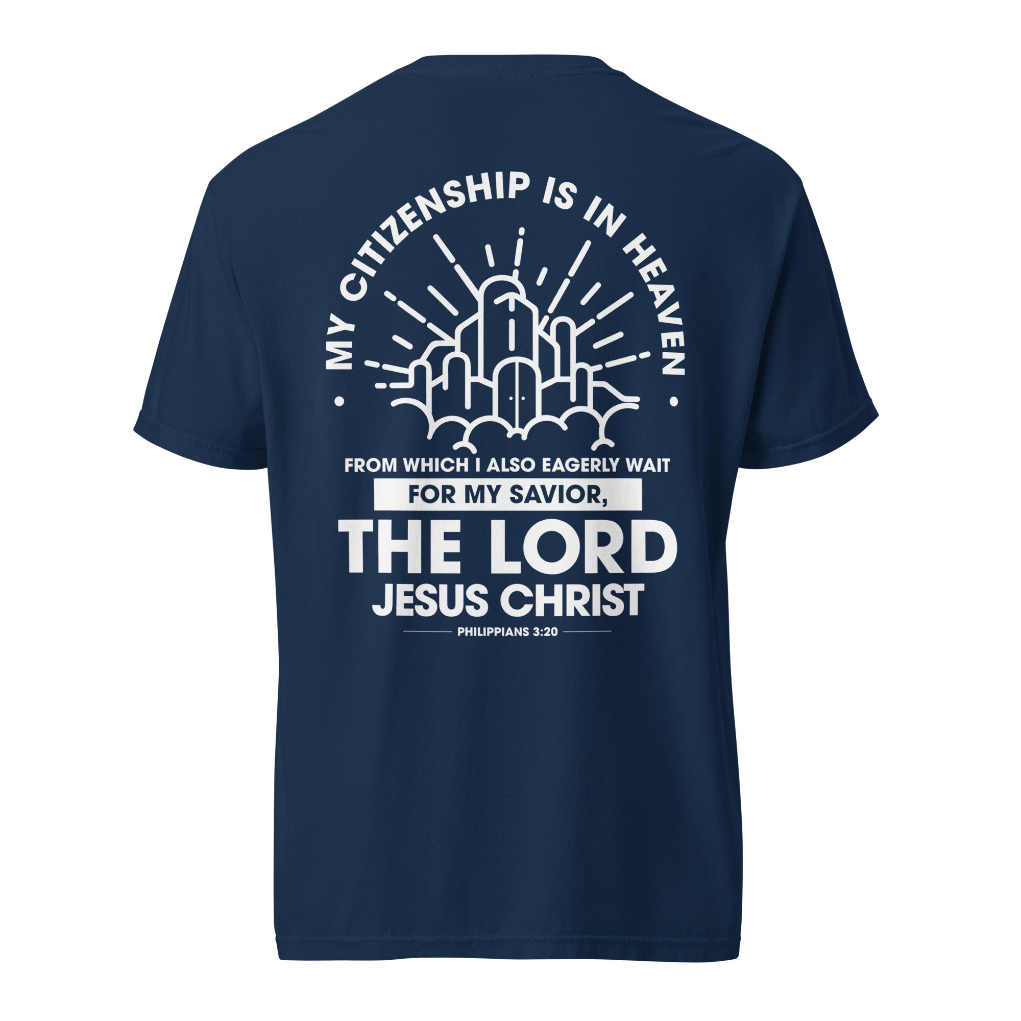 Image of Citizen of Heaven Christian t-shirt navy back view — Entrusted to Him