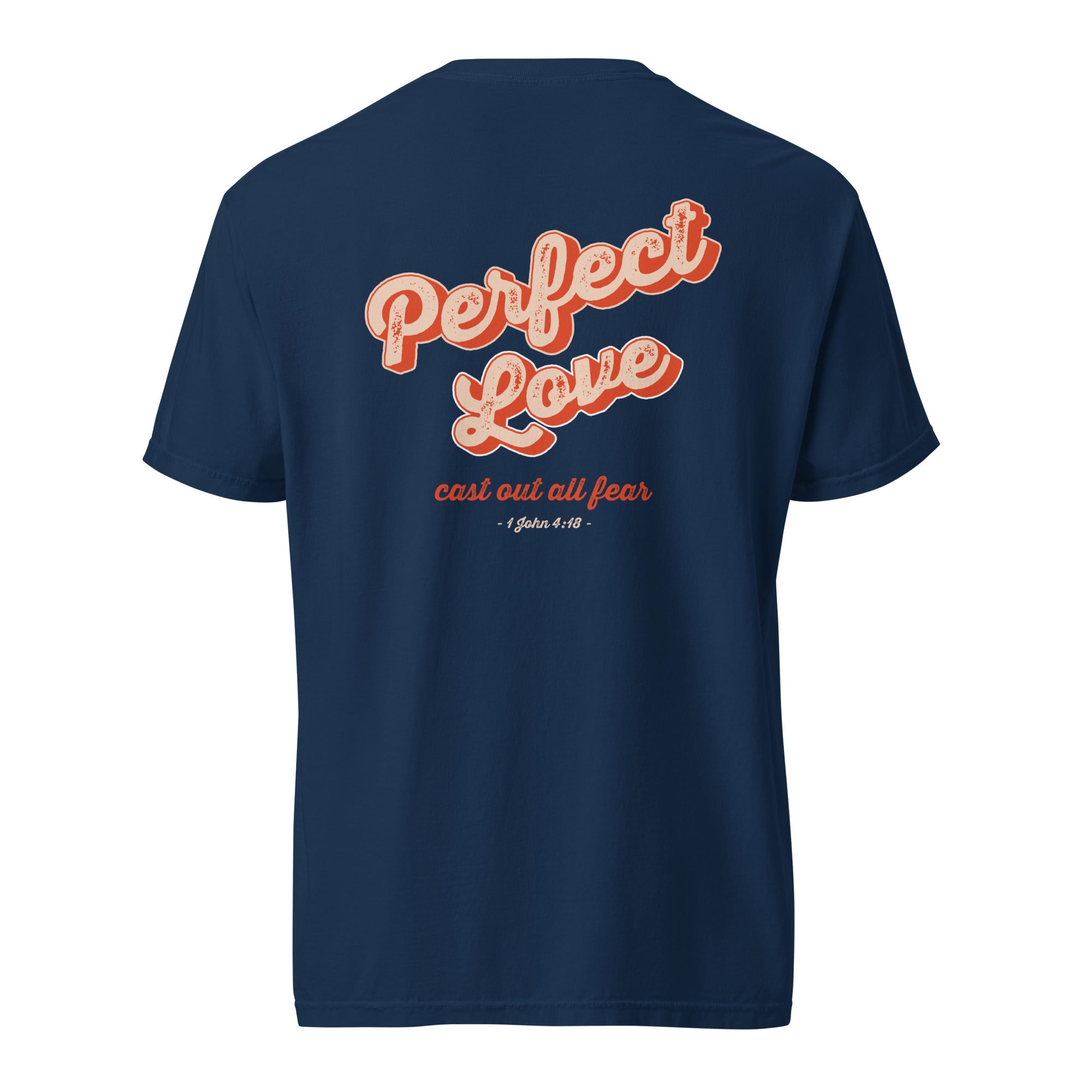 Image of Perfect Love Jesus shirt navy back flat view — Entrusted to Him
