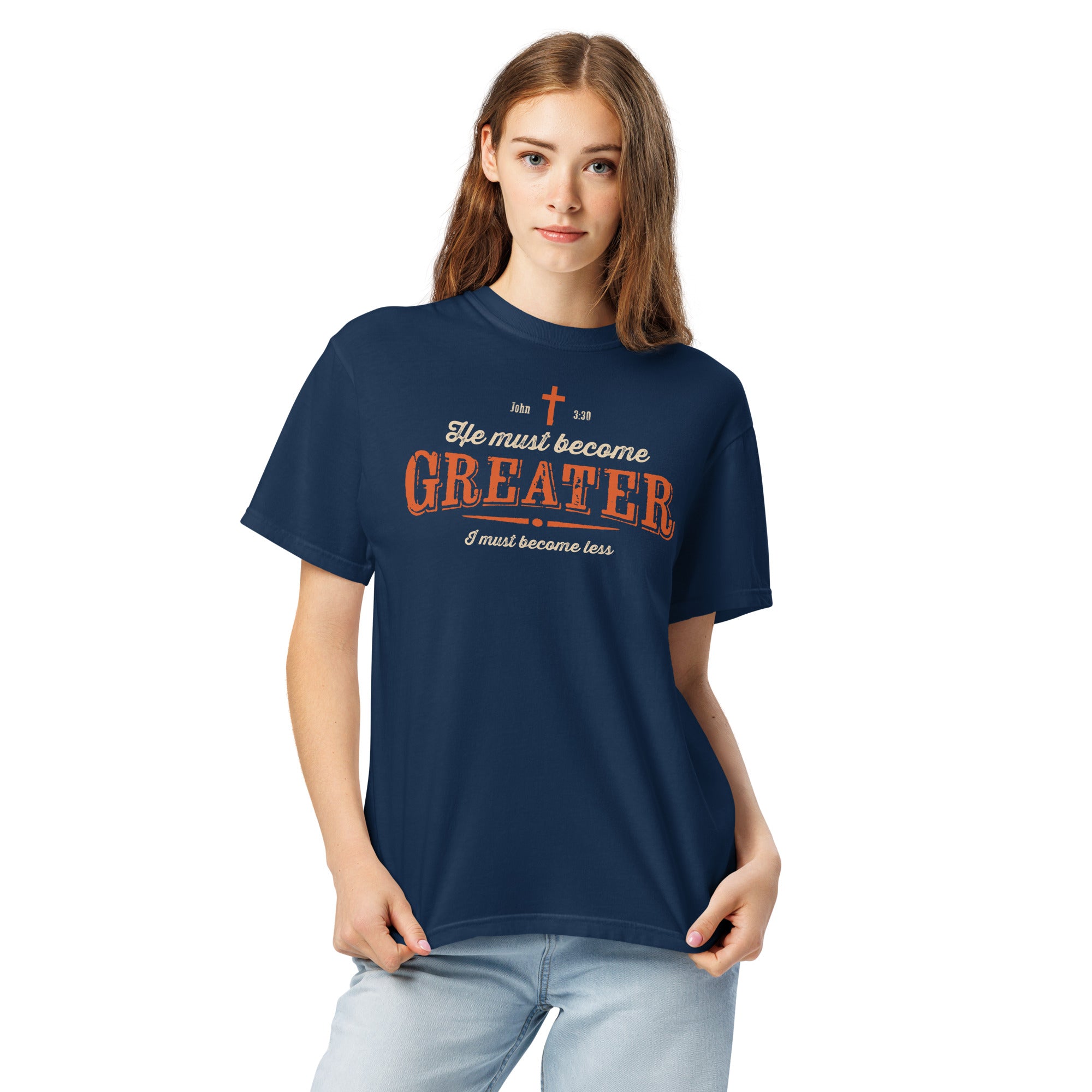 Image of He Must Become Greater t-shirt Christian navy front detail view — Entrusted to Him