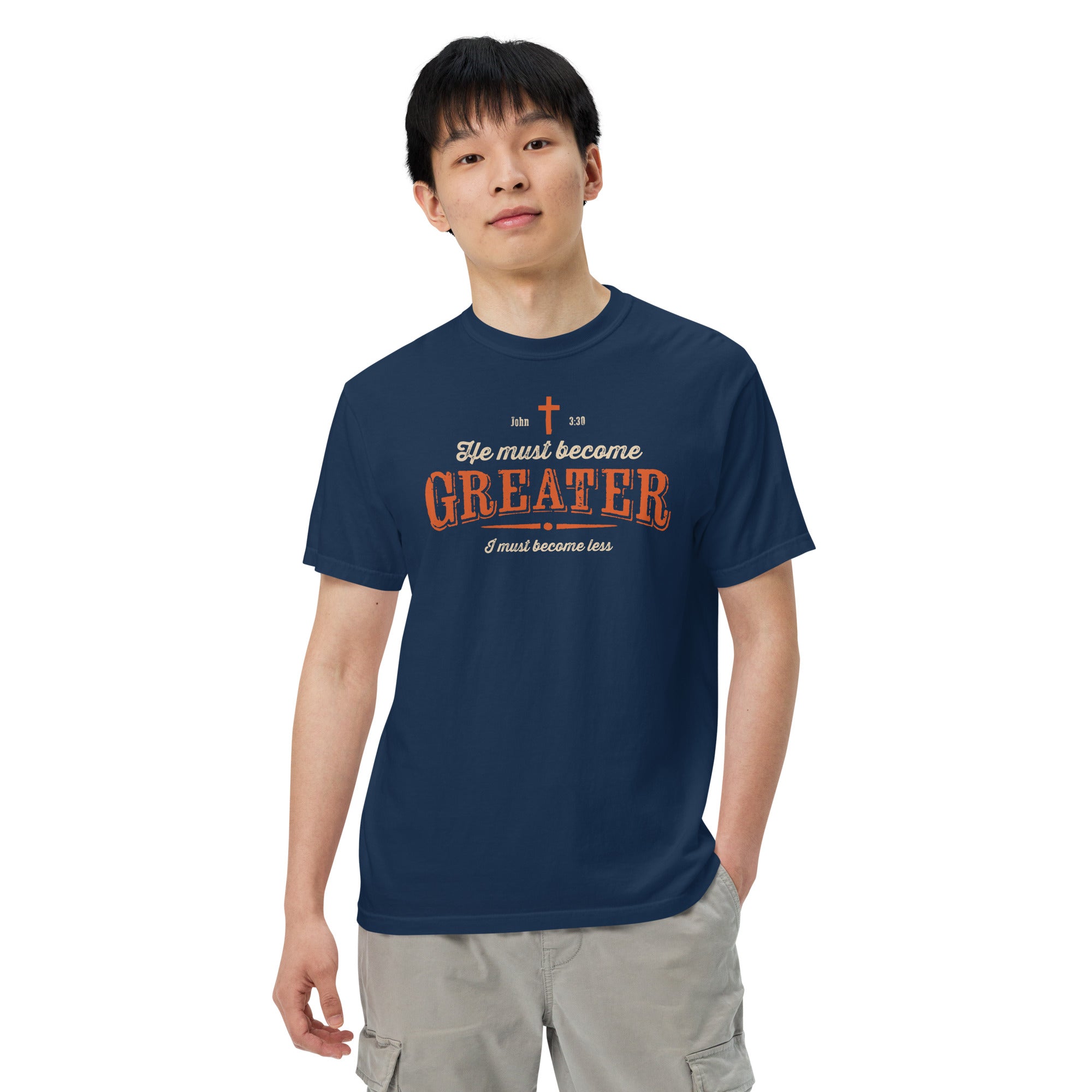 Image of He Must Become Greater Christian t-shirts for men navy front lifestyle view — Entrusted to Him