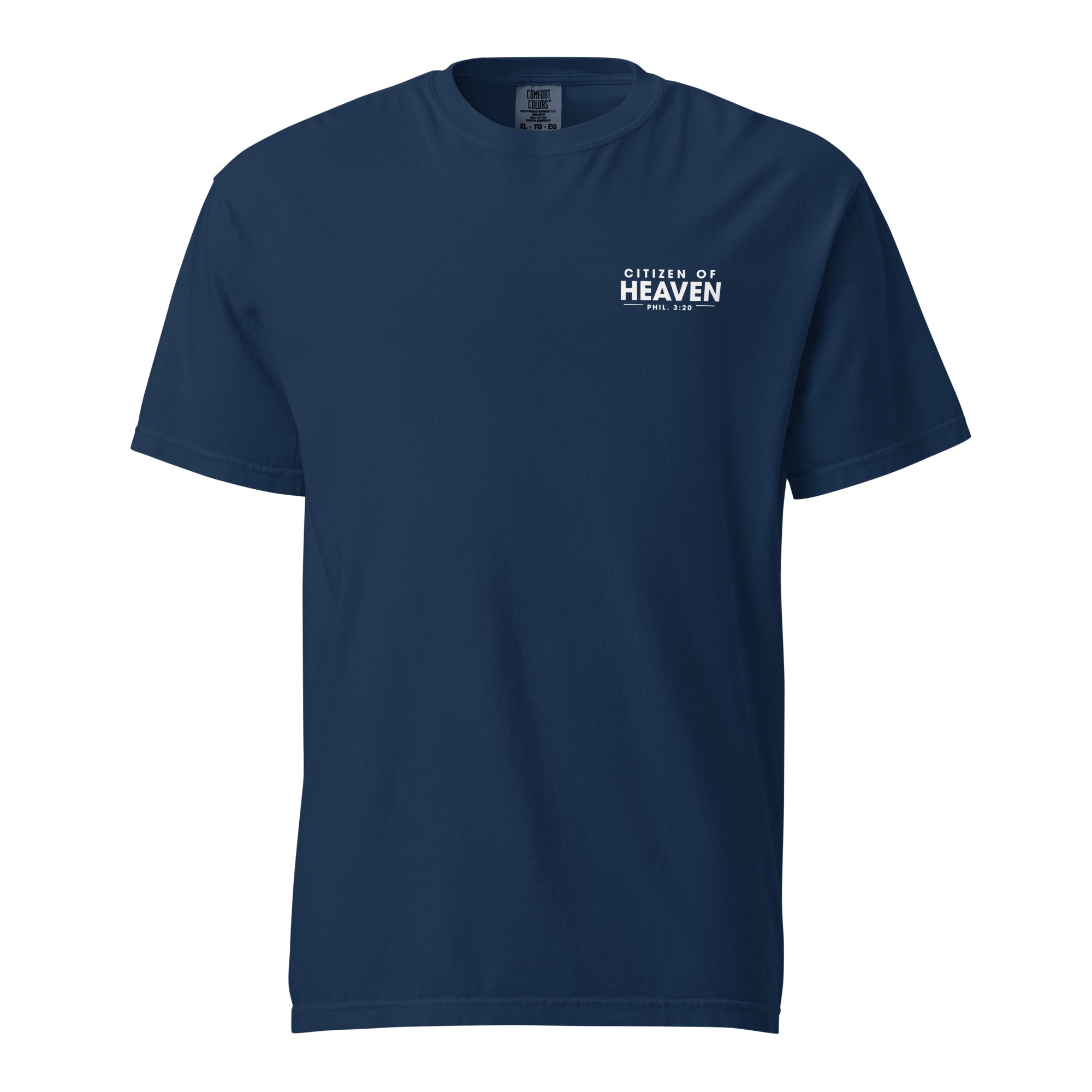 Image of Citizen of Heaven Christian graphic tee navy front view — Entrusted to Him