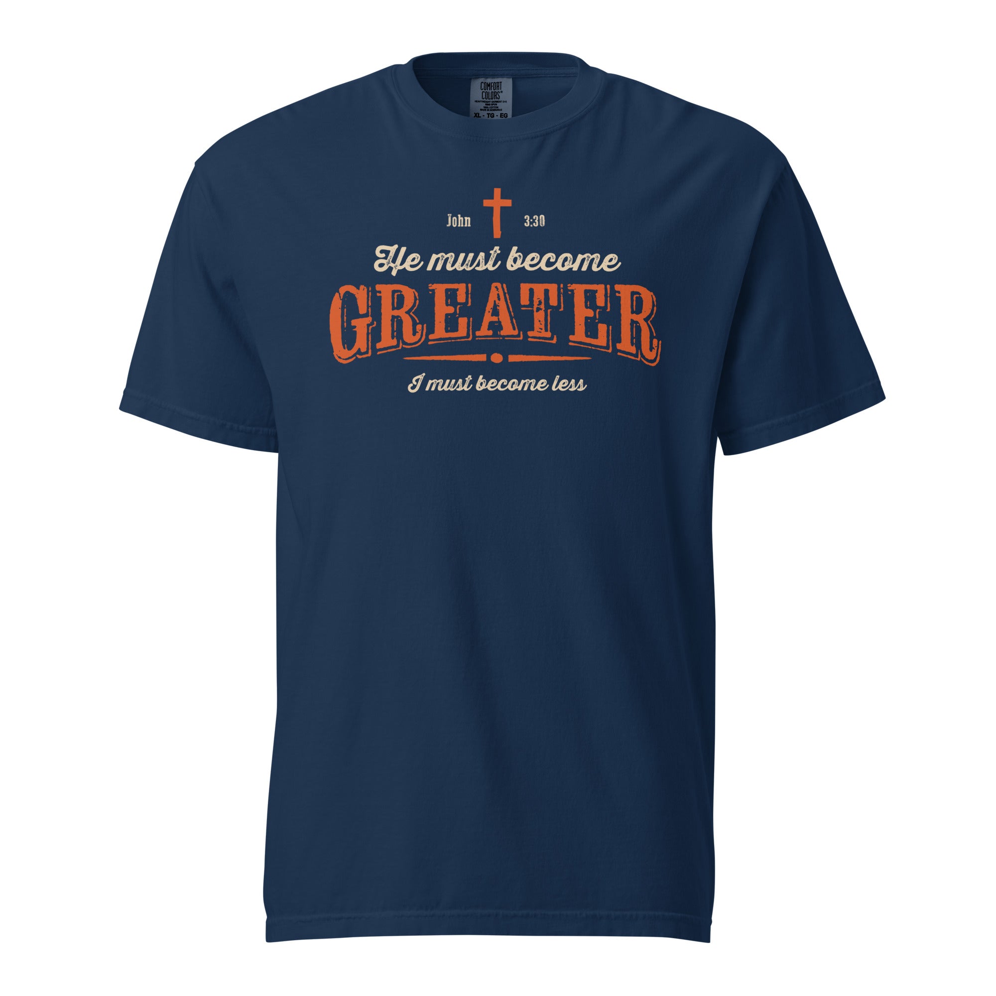 Image of He Must Become Greater Jesus shirt navy front view — Entrusted to Him