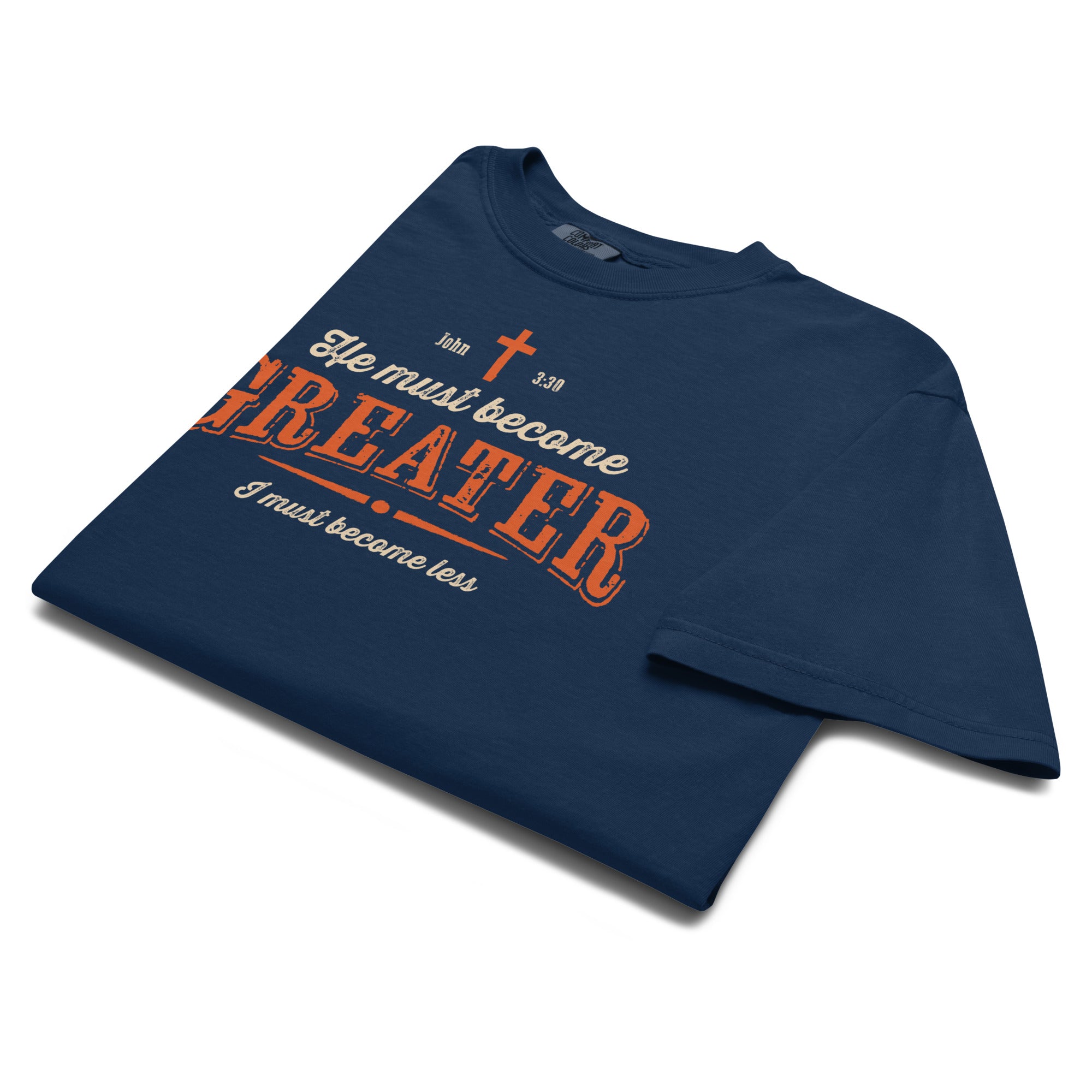 Image of He Must Become Greater Christian graphic tee navy front alternate view — Entrusted to Him