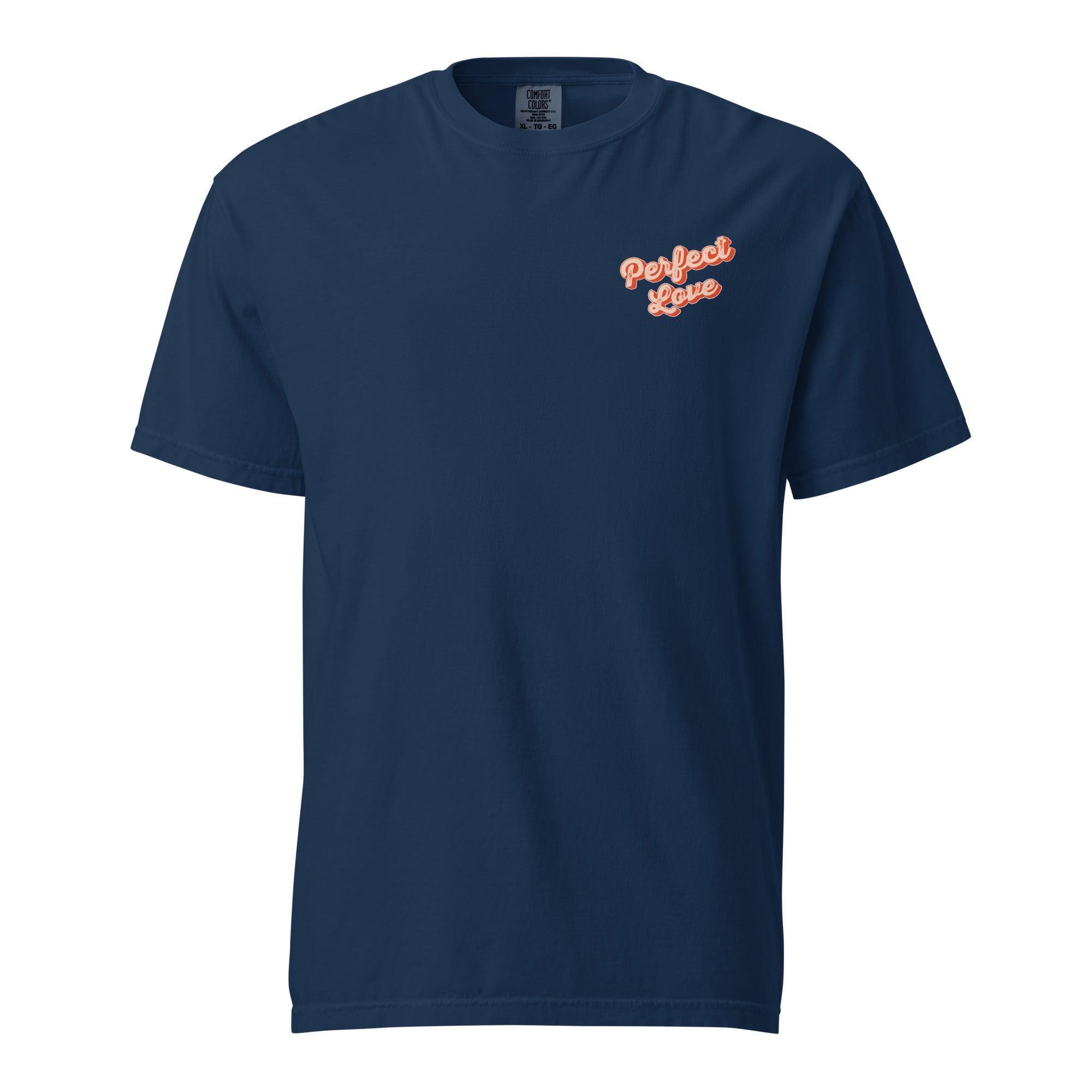 Image of Perfect Love Christian t-shirt navy front flat view — Entrusted to Him
