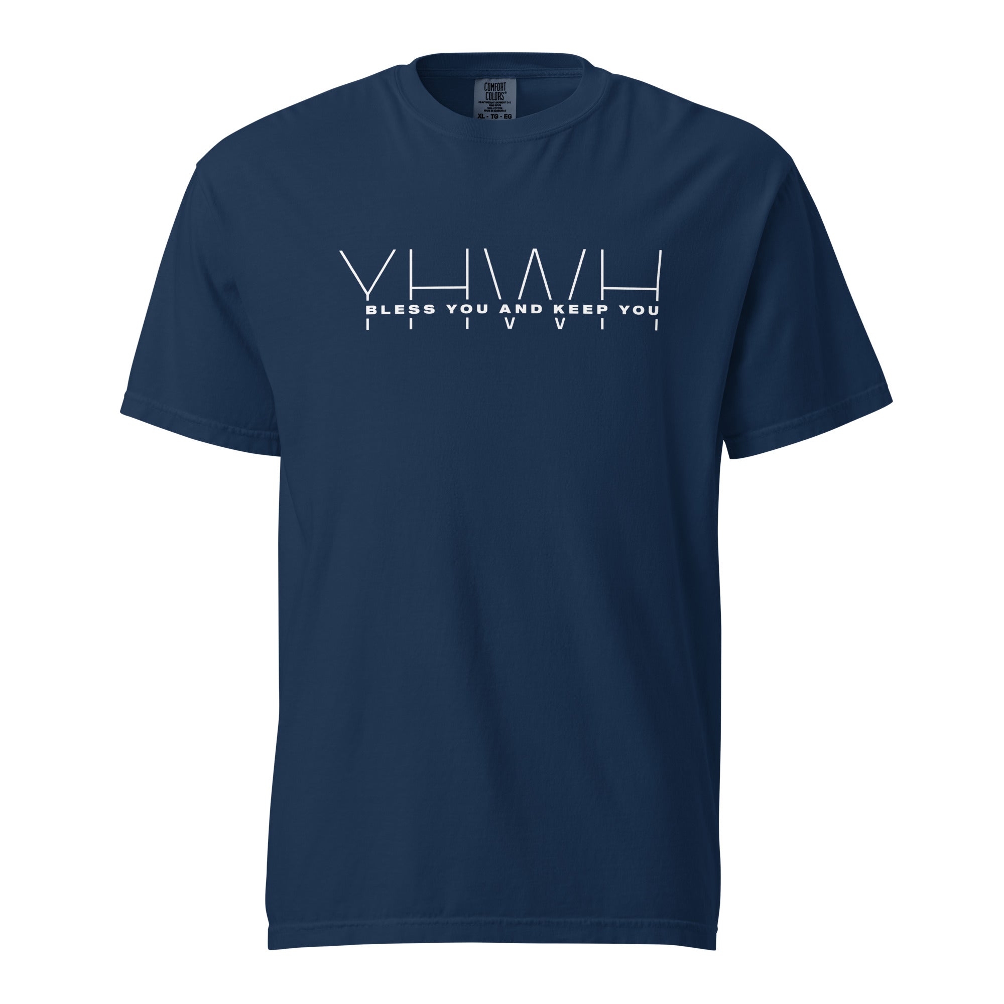 Image of YHWH Jesus shirt Christian apparel navy front view — Entrusted to Him