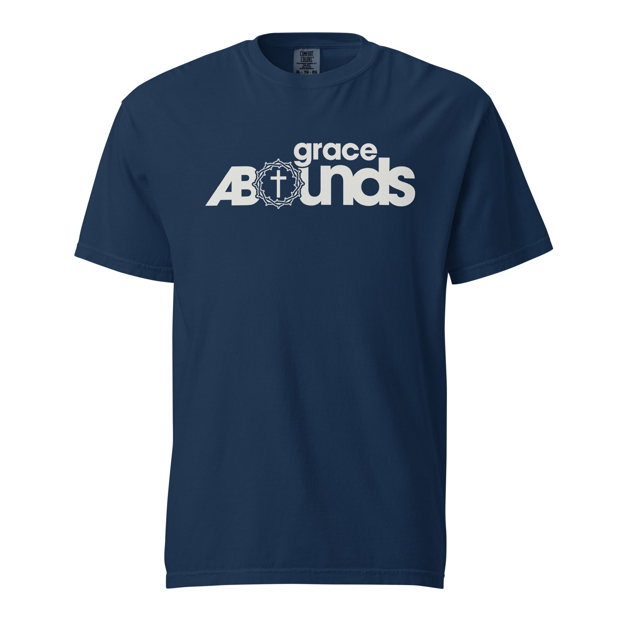 Image of Grace Abounds Jesus shirt Christian t-shirt navy front view — Entrusted to Him