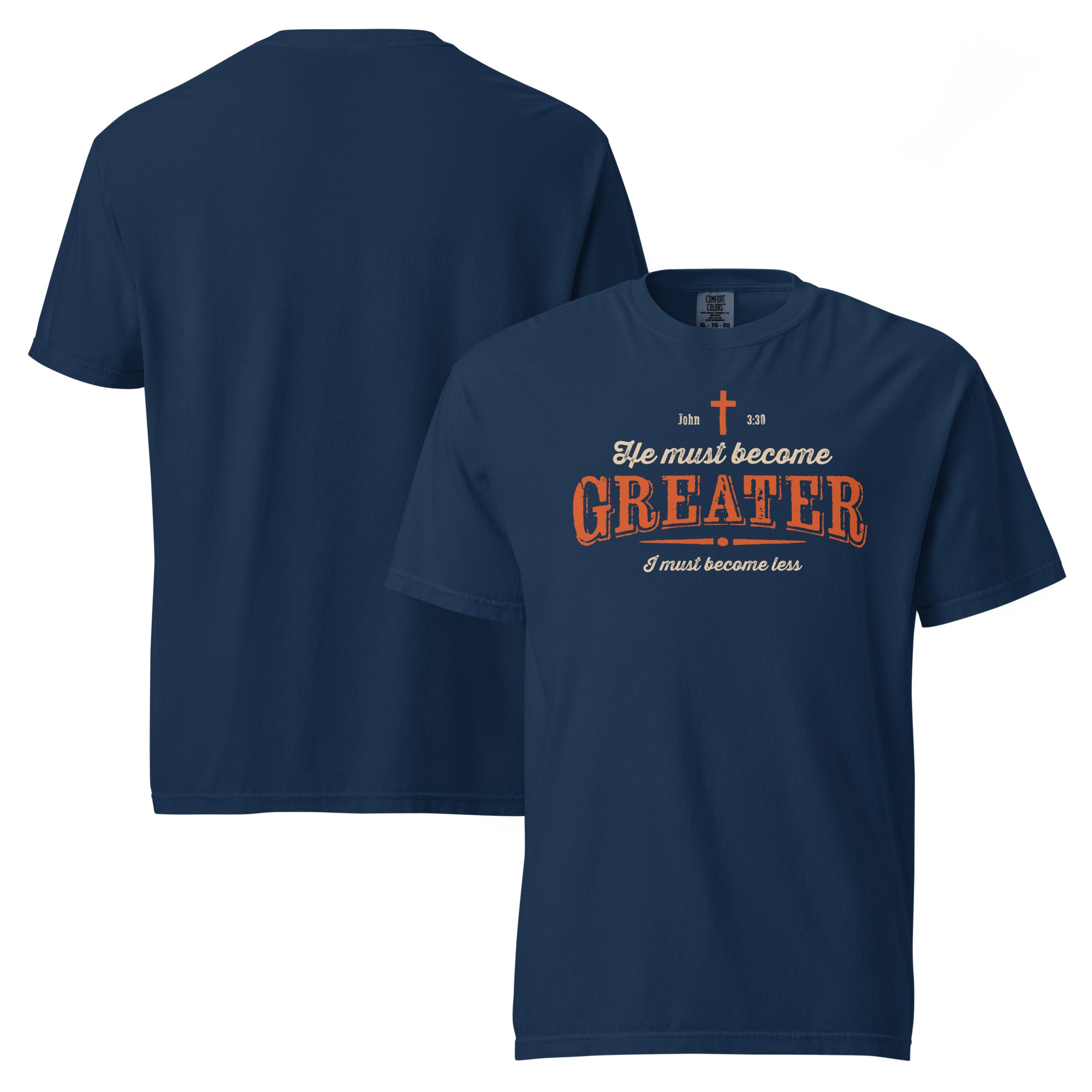 Image of He Must Become Greater Jesus t-shirt navy front and back view — Entrusted to Him