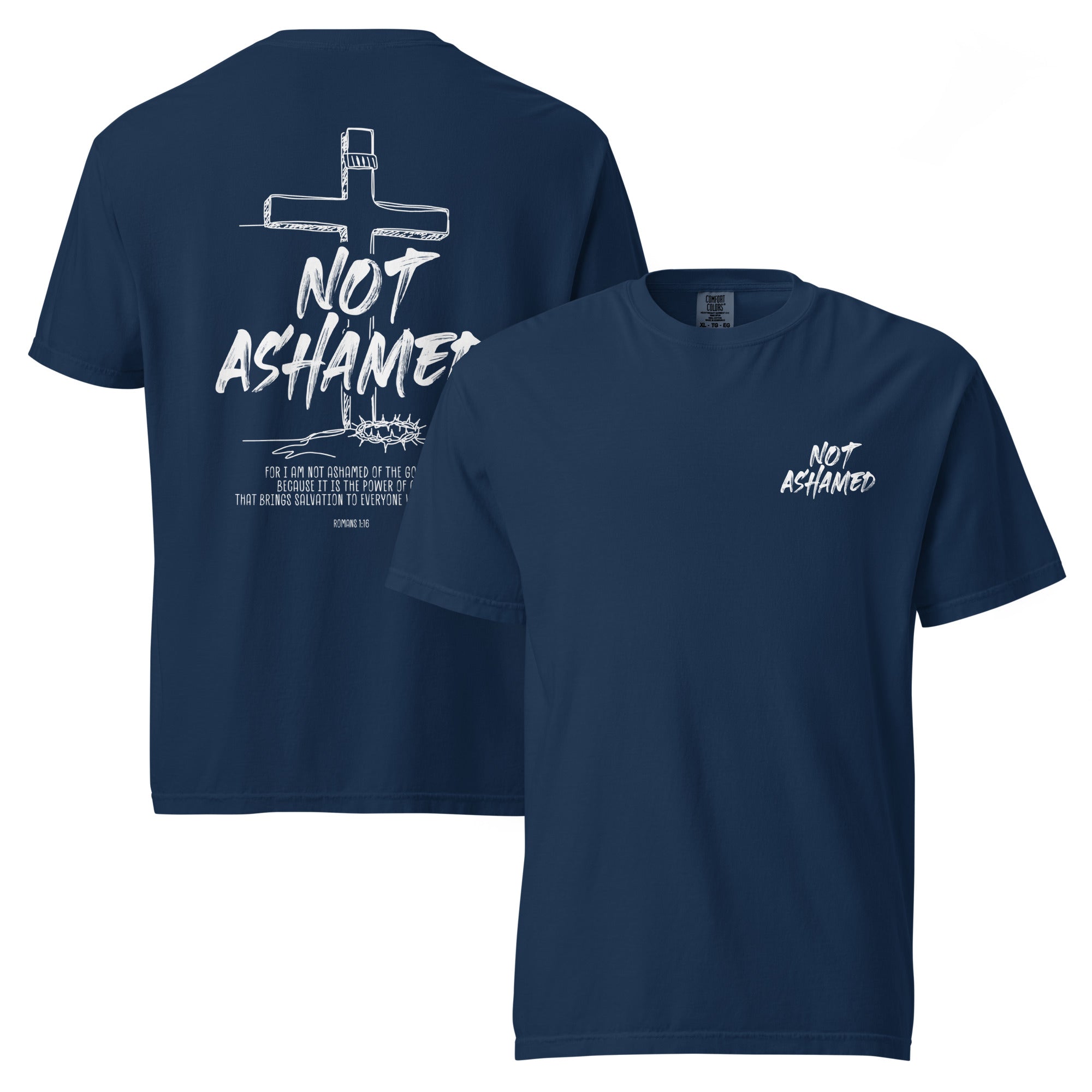 Image of Not Ashamed Christian t-shirt navy front and back view — Entrusted to Him