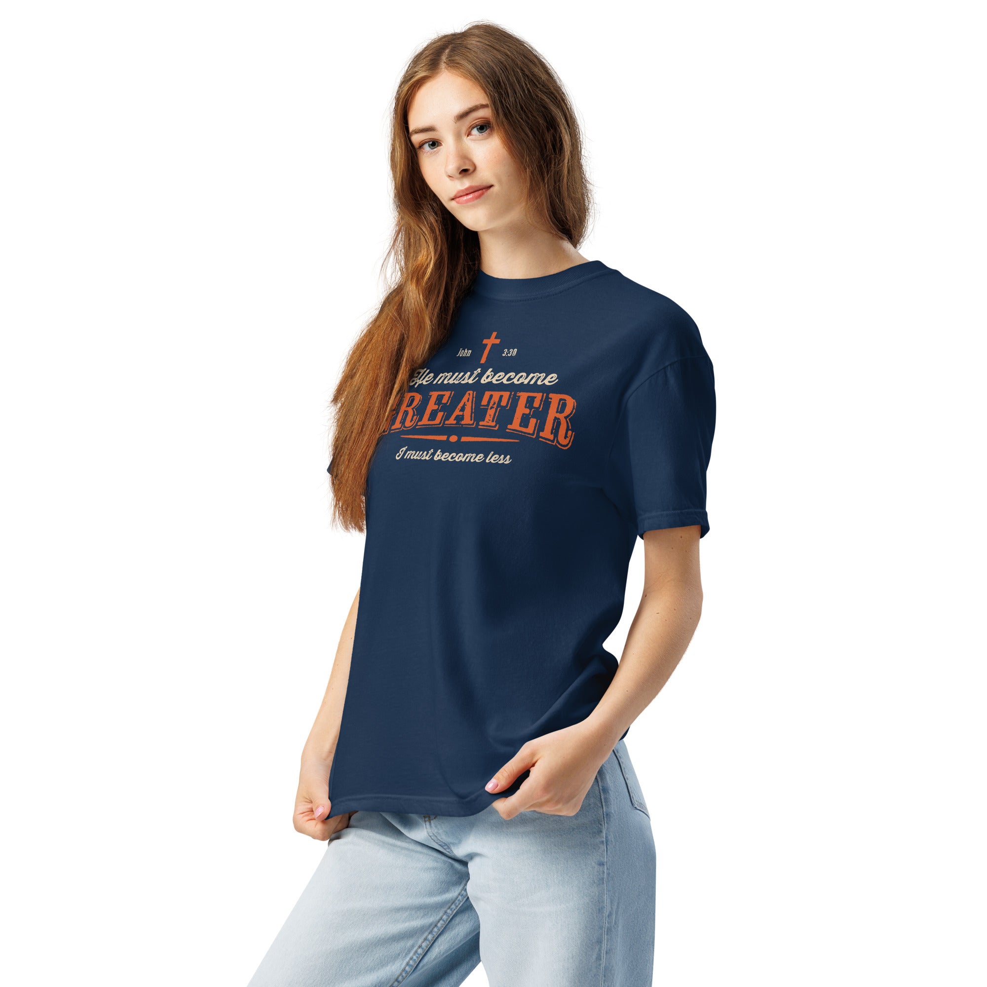 Image of He Must Become Greater Christian clothing navy left front alternate view — Entrusted to Him